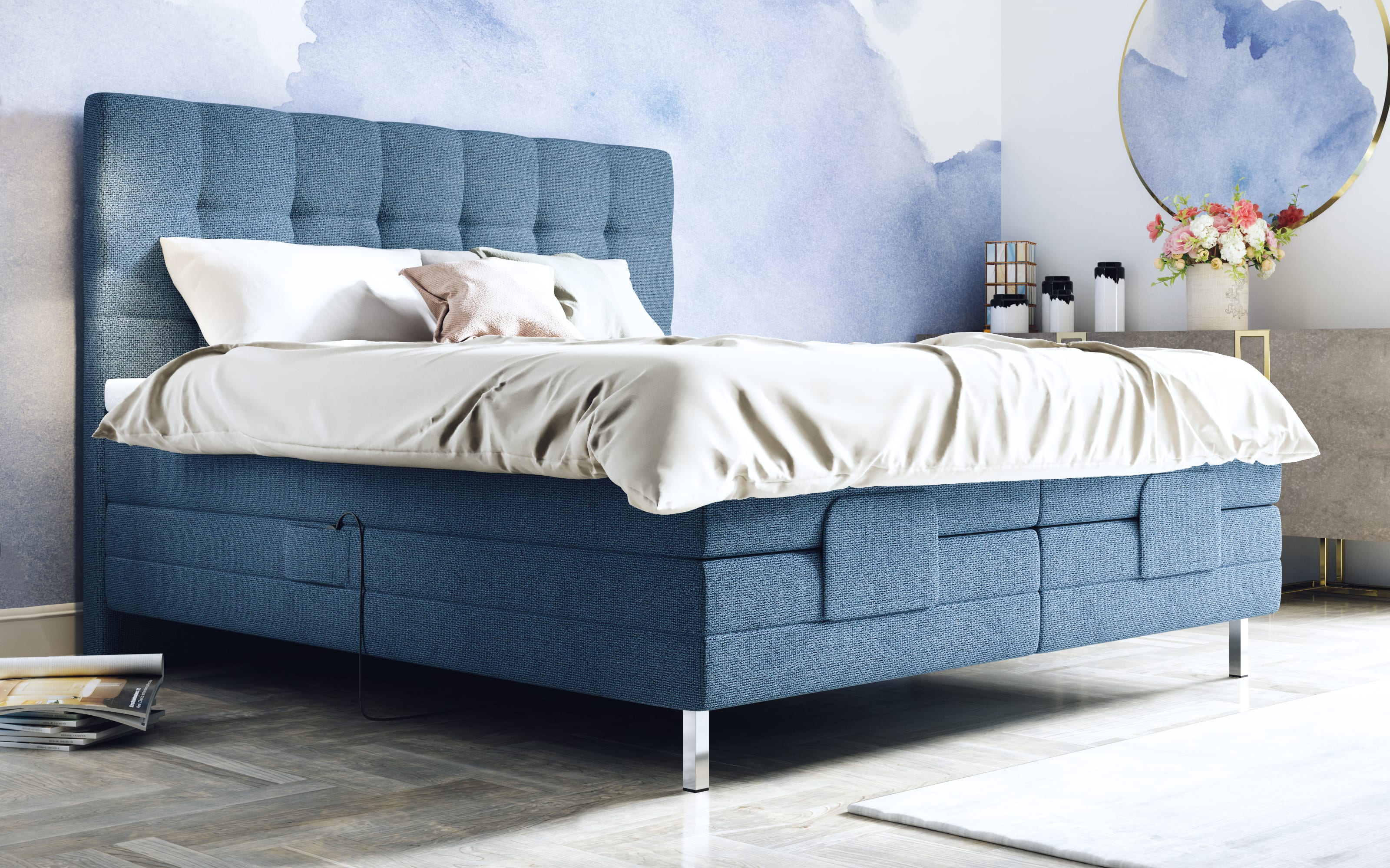 Motor-Boxspringbett Quadra in blau, Matratzen Taschenfederkern, Liegefläche ca. 180 x 200 cm