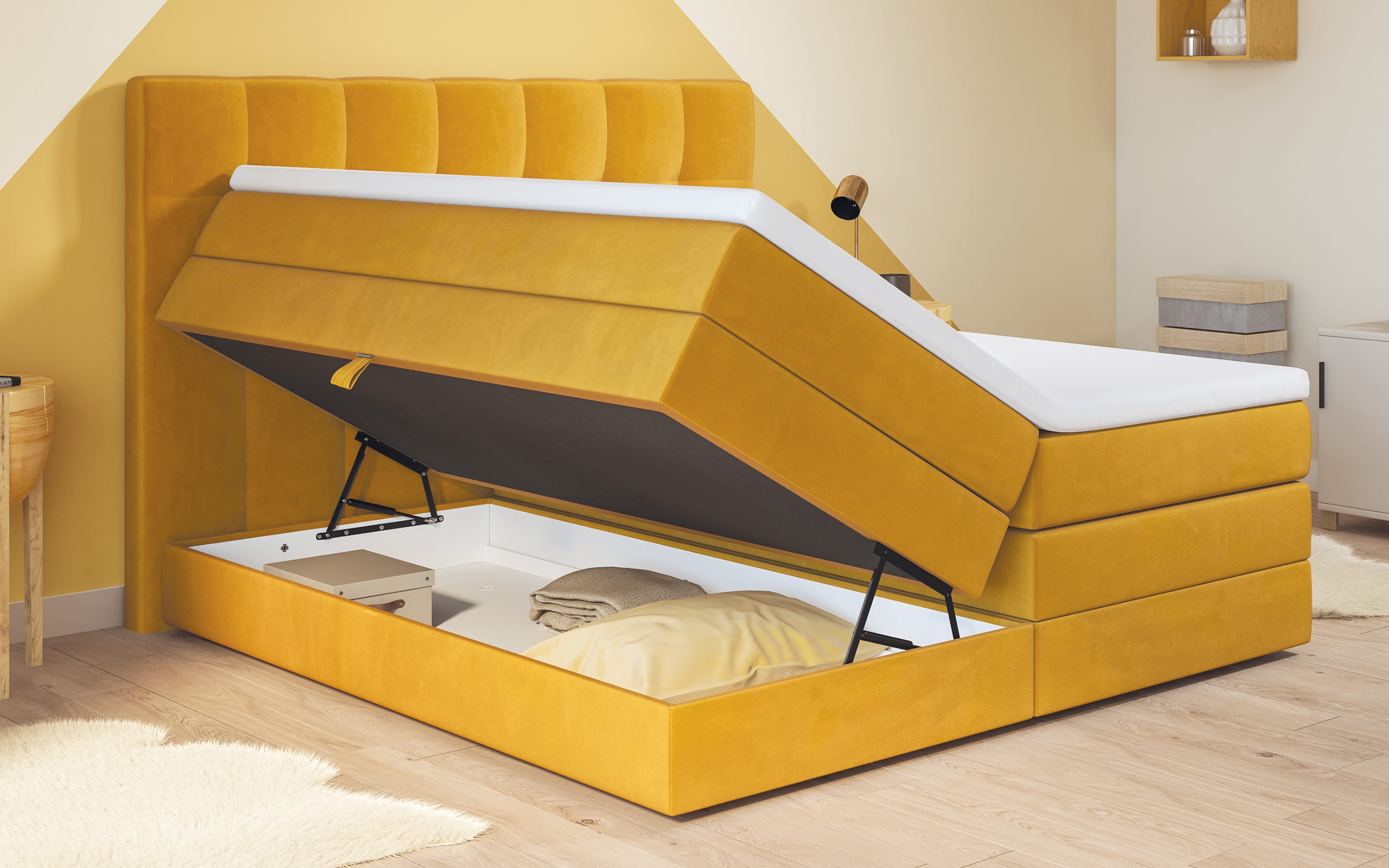 Boxspringbett Lifestyle Quadra, senfgelb, 180 x 200 cm, Härtegard 3 und 4, inkl. Bettkästen