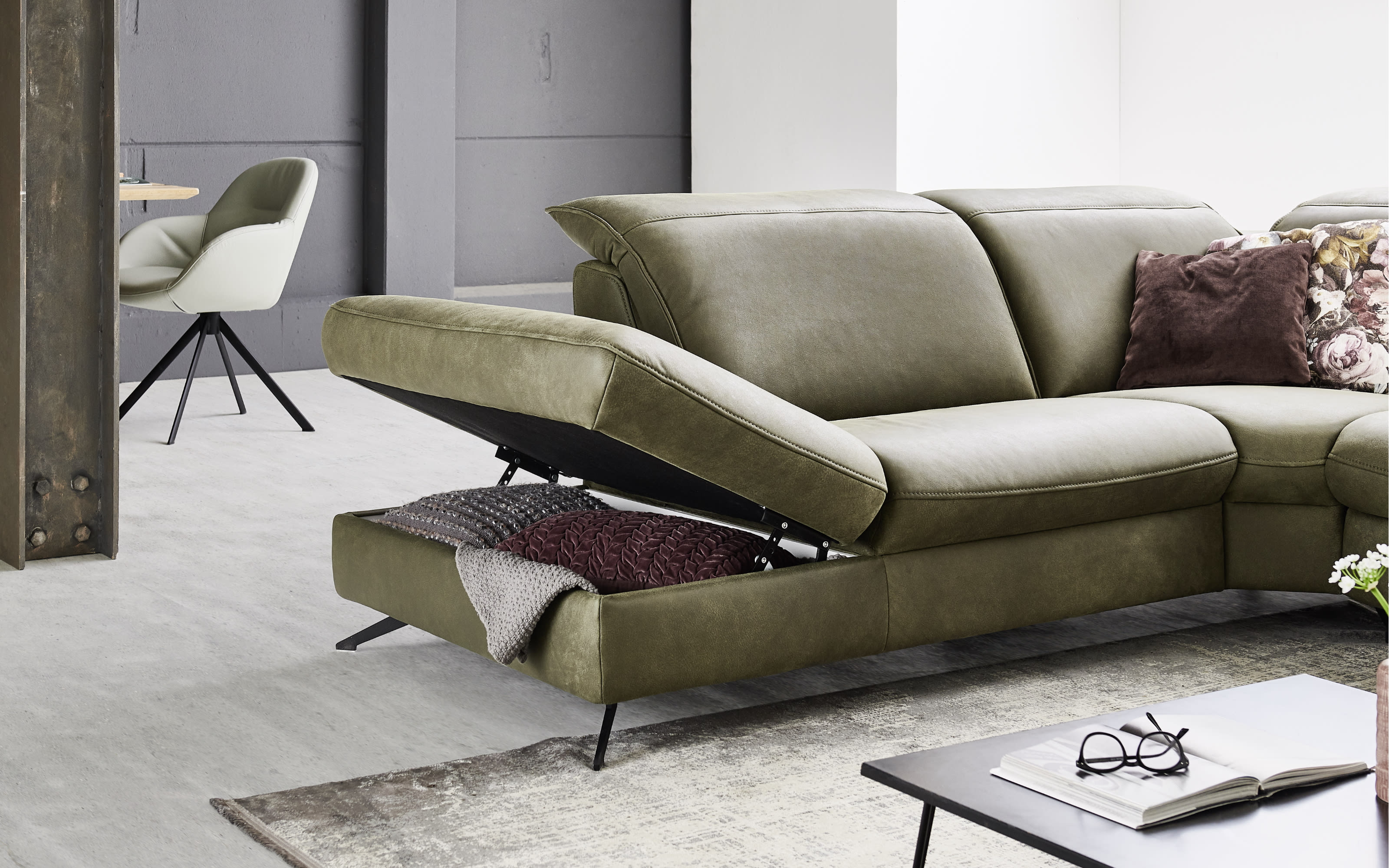 Leder Wohnlandschaft HU-RL17008, olive, inkl. Funktionen