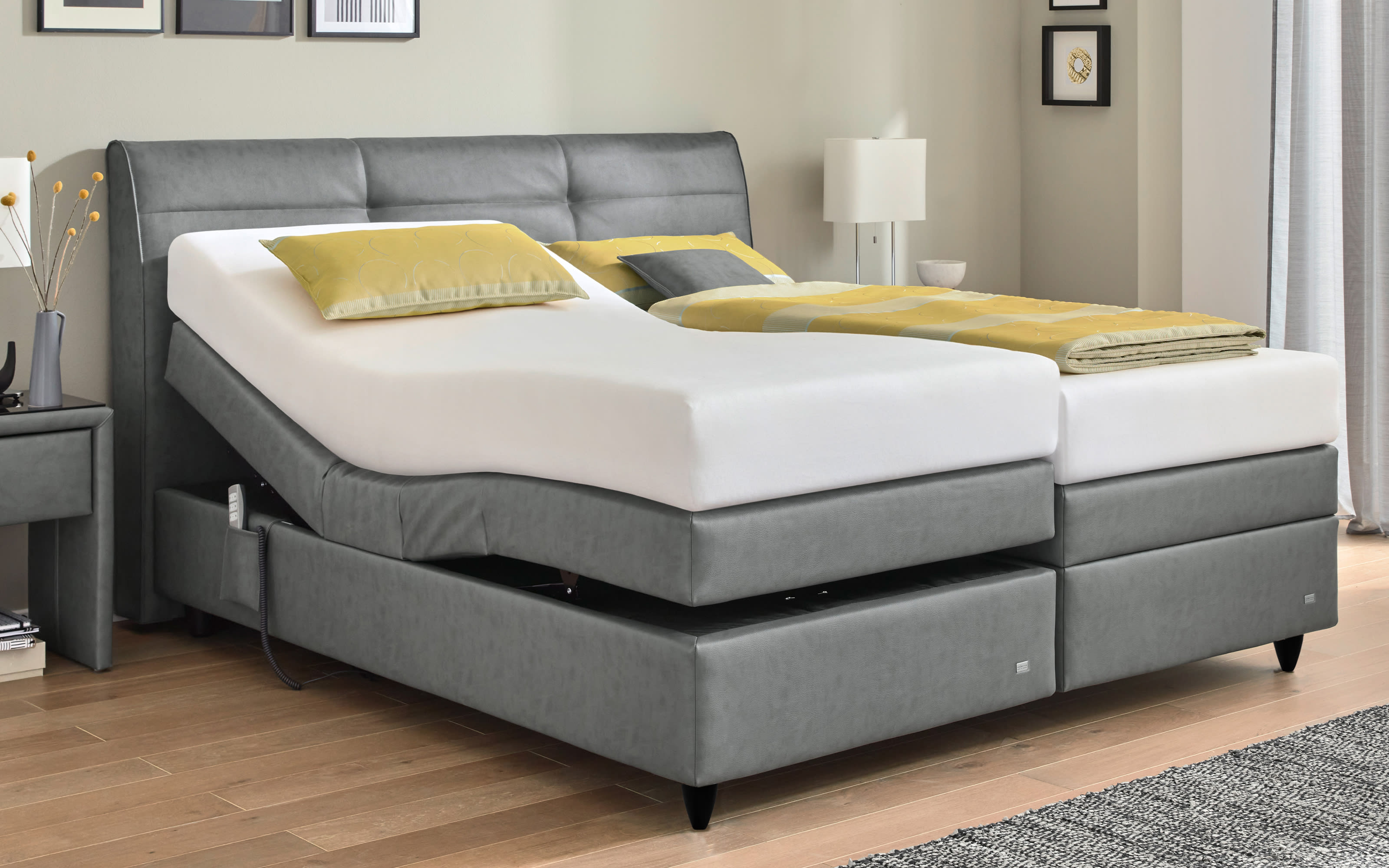 Motor-Boxspringbett Minerva, Leatherlook grau, 180 x 200 cm, Härtegrad 2 und 3