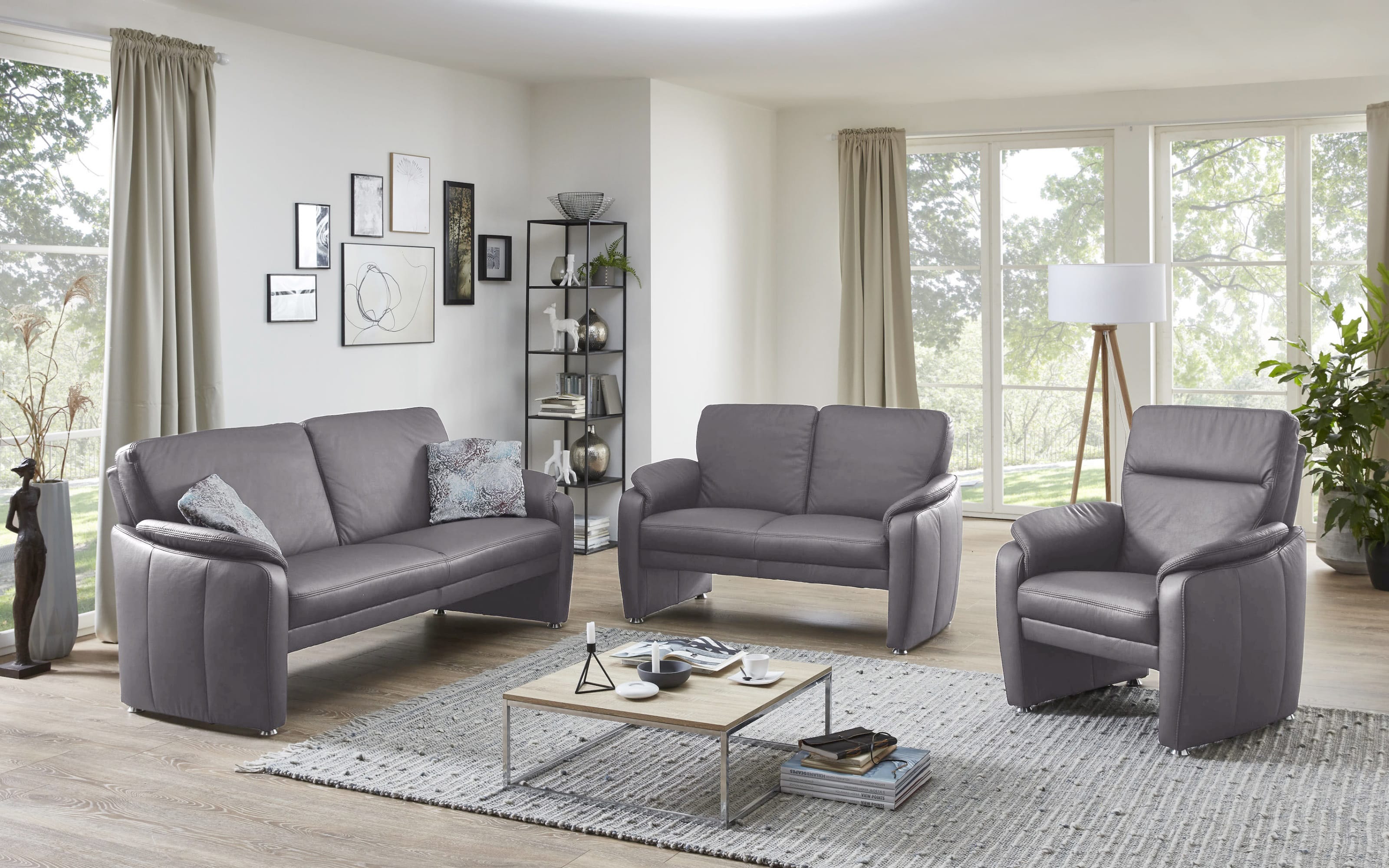 Leder Garnitur Bornholm, grau, inkl. Sessel