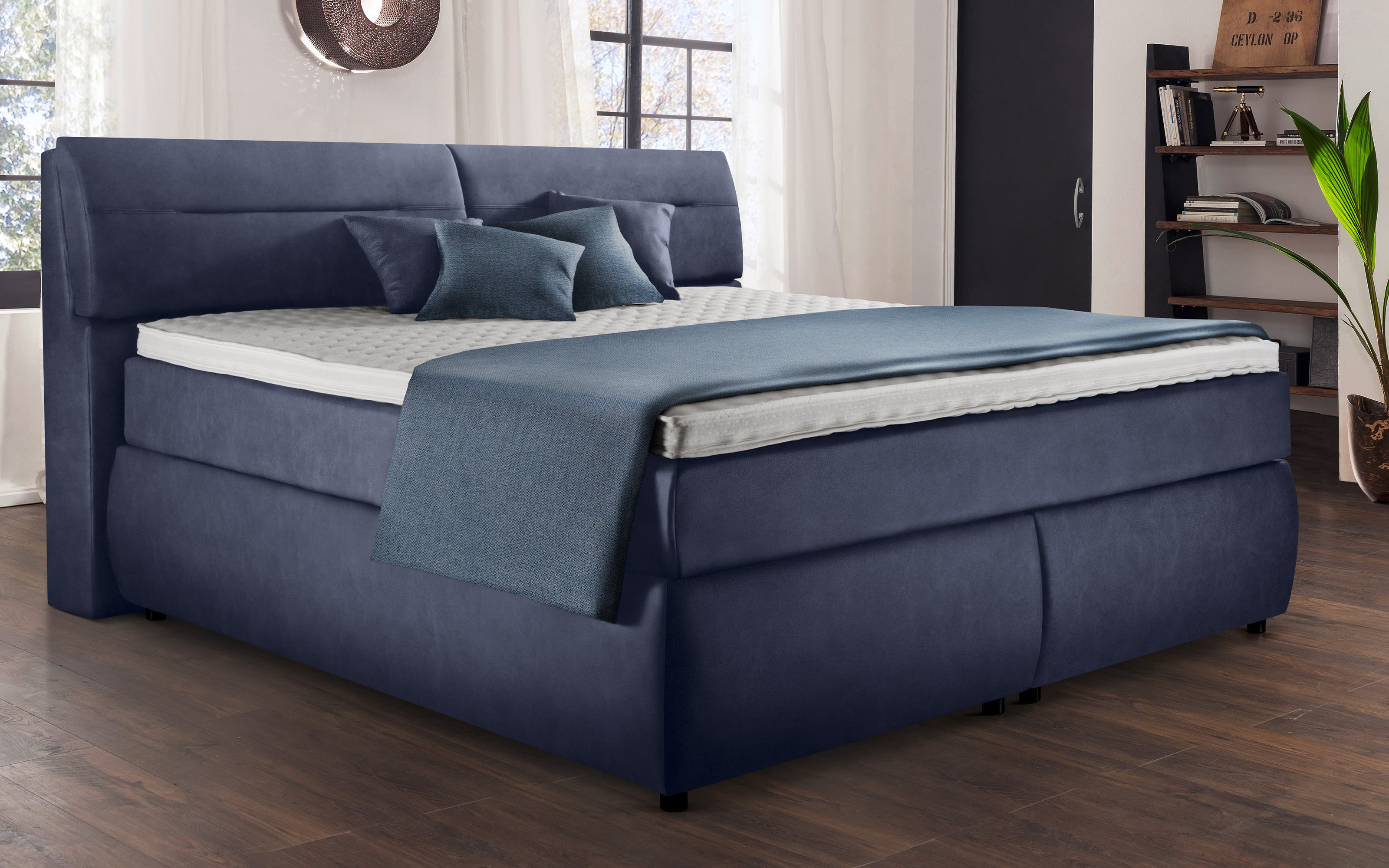 Boxspringbett Diamanti, blaugrau, 180 x 200 cm, Härtegrad 3 und 4