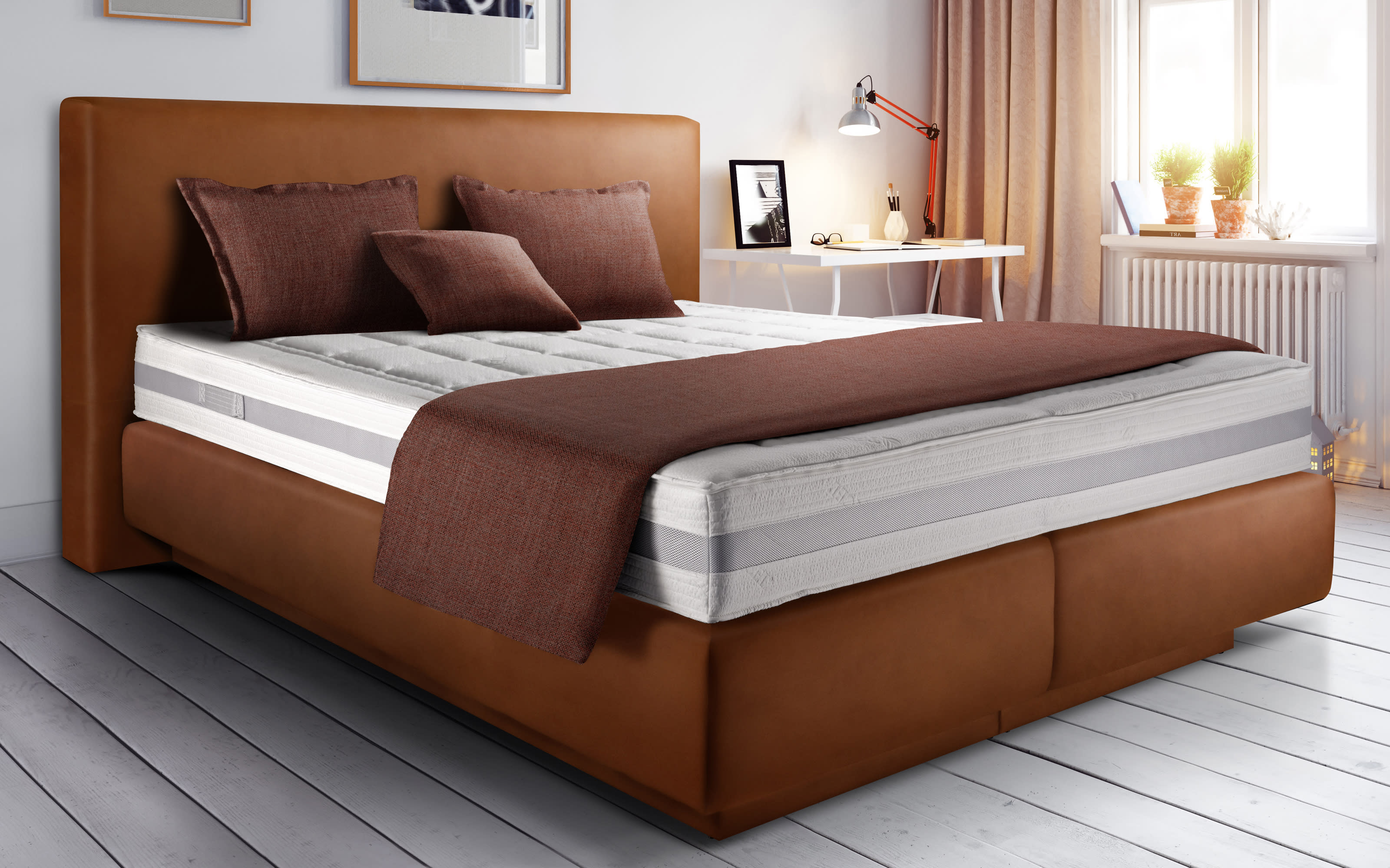 Boxspringbett Sinfonie, cognac, 180 x 200 cm, Härtegrad 2 und 3