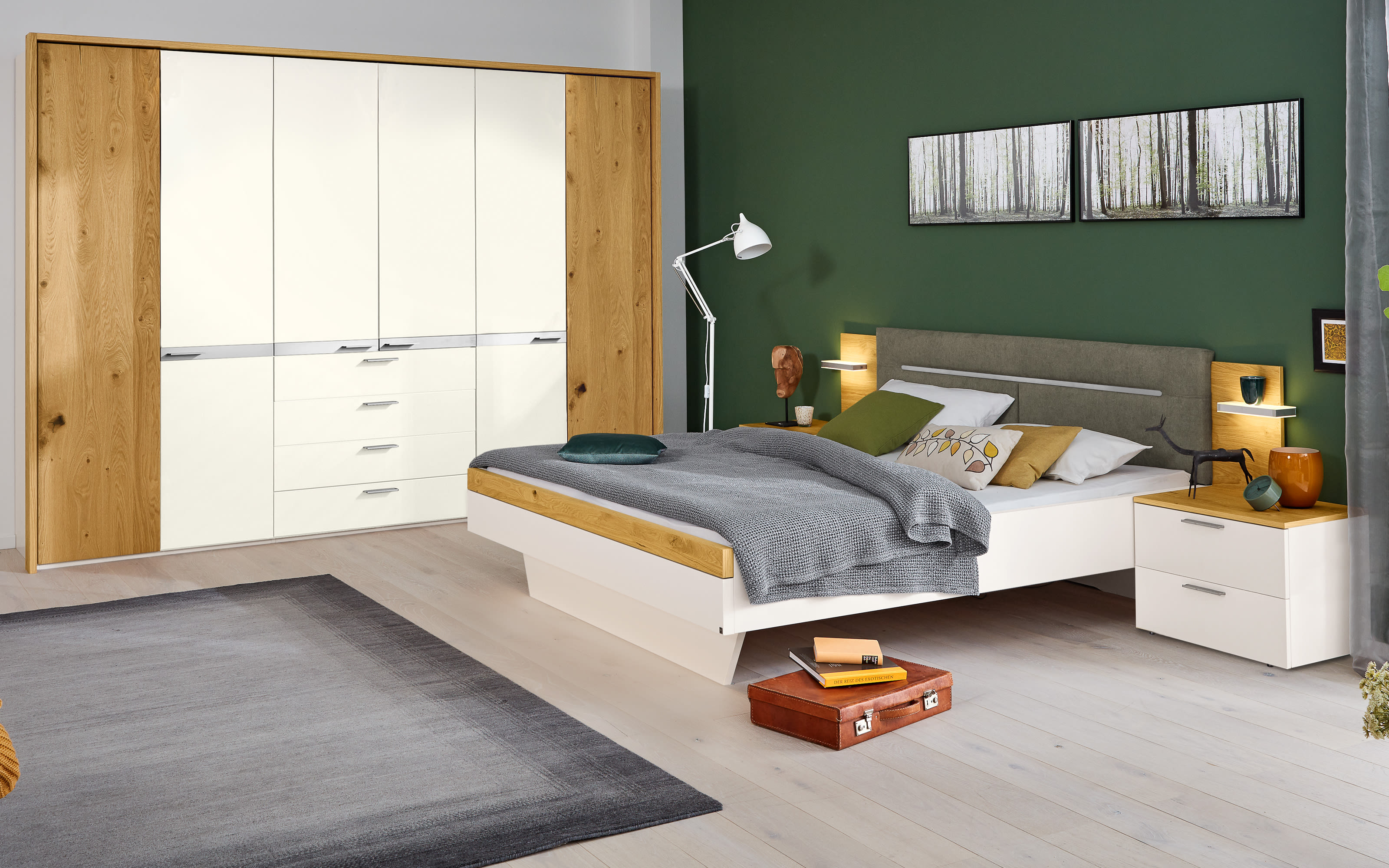 Schlafzimmer Ascea, bianco weiß/Balkeneiche Furnier, 180 x 200 cm, Schrank 302 x 223 cm