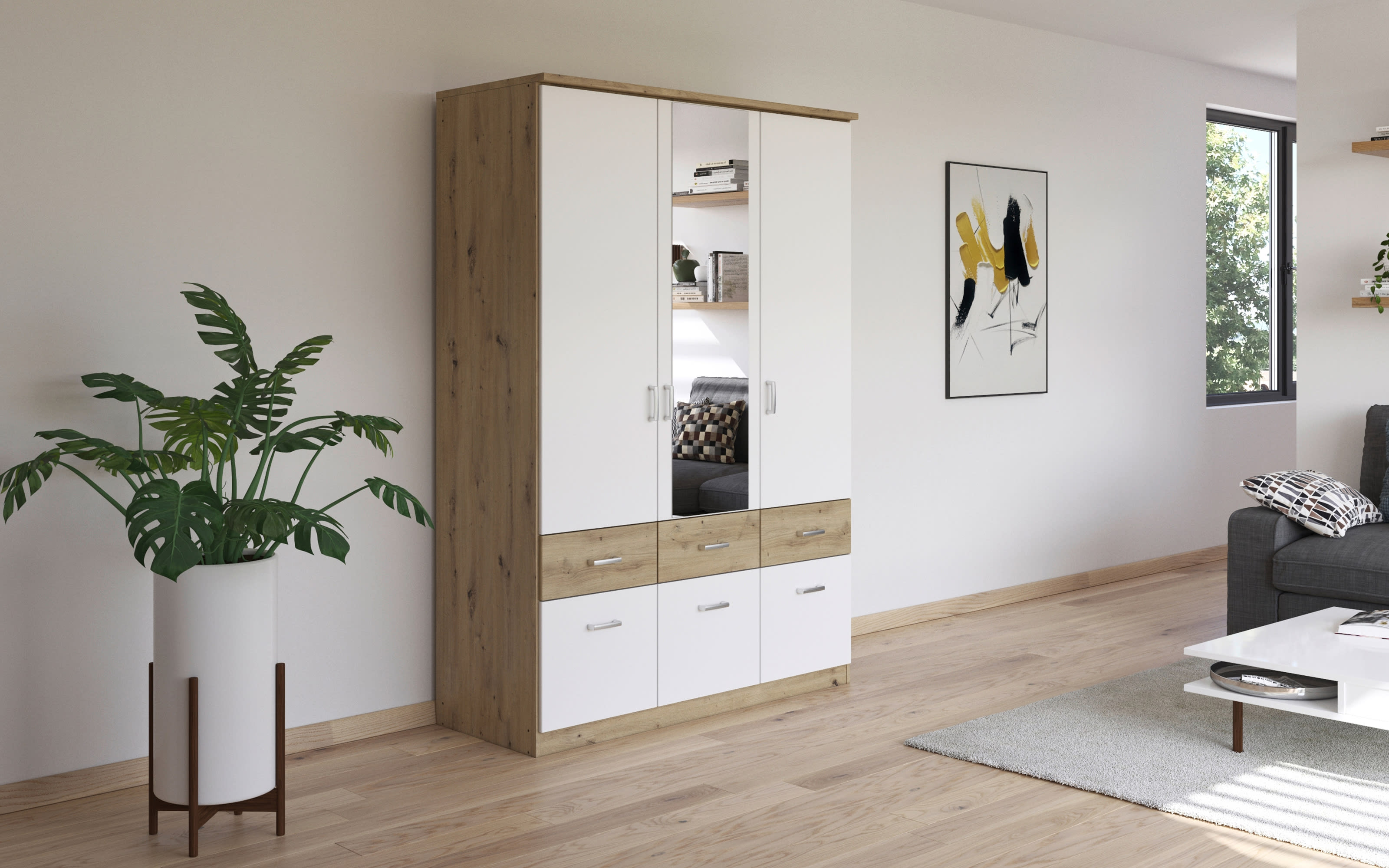 Drehtürenschrank Bremen Extra, weiß/Eiche-Nachbildung, 136 x 199 cm