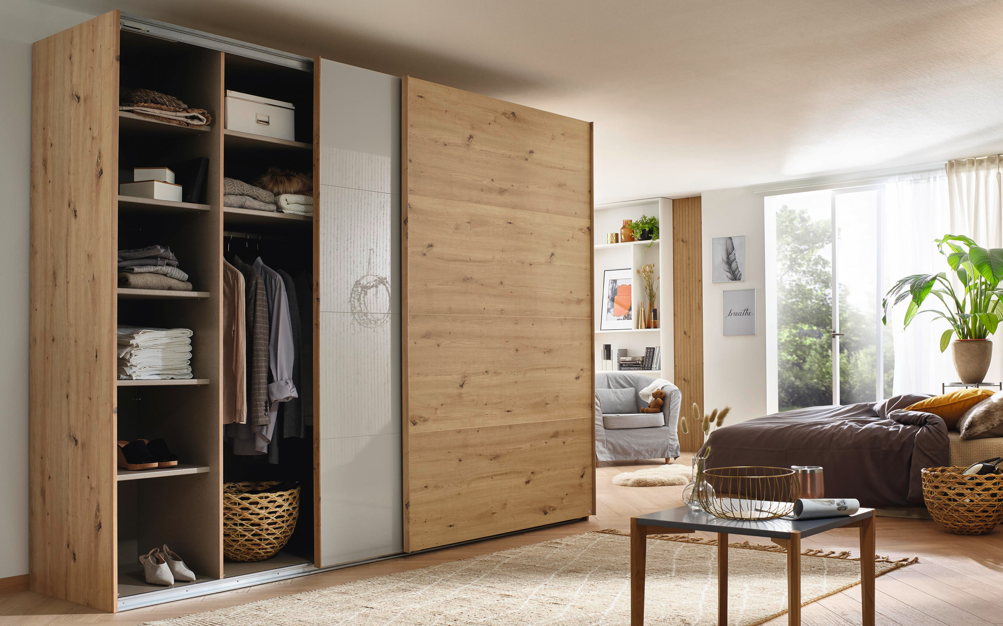 Schwebetürenschrank X-tend, Eiche artisan, Soft grey, 271 x 223 cm