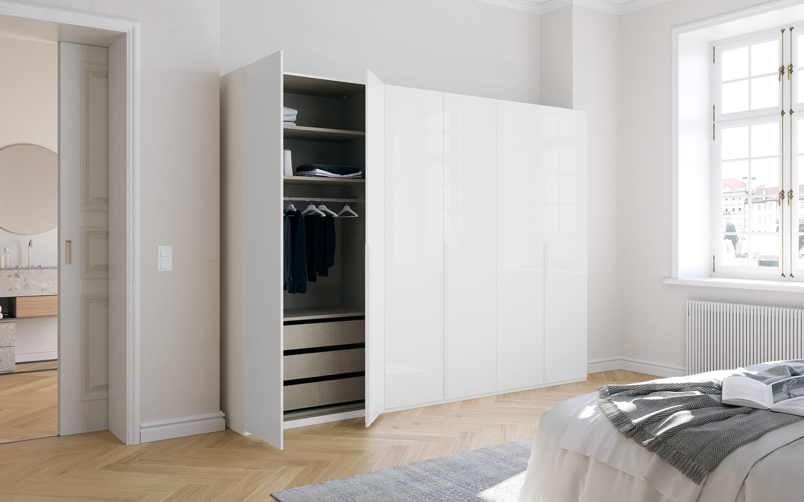 Drehtürenschrank Purisma, weiß, 301 x 223 cm, inkl. umfangreicher Zusatzausstattung