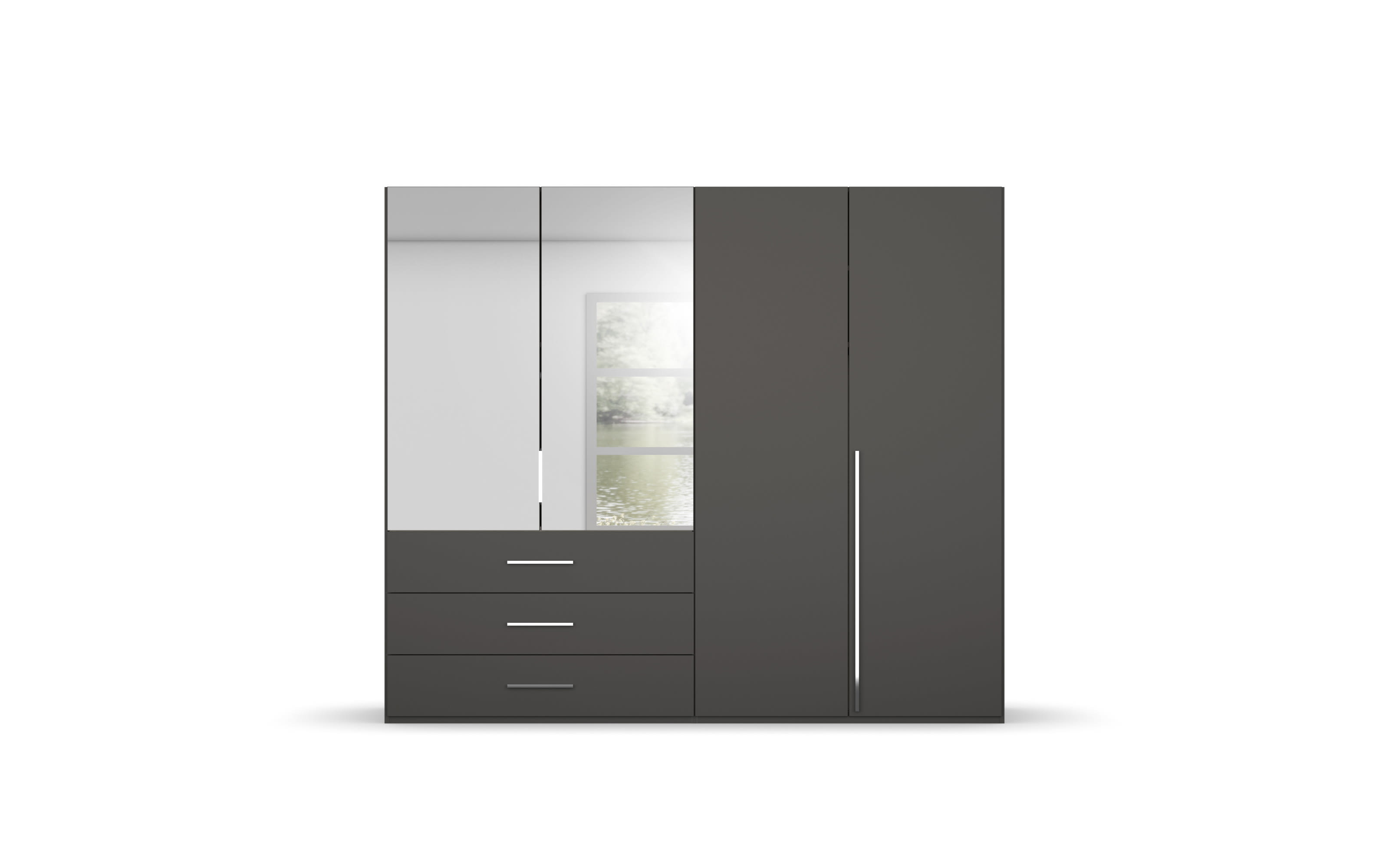 Drehtürenkleiderschrank Montclar, graphit matt, 200 x 223 cm, inkl. 2 Spiegeltüren und 3 Schubkästen