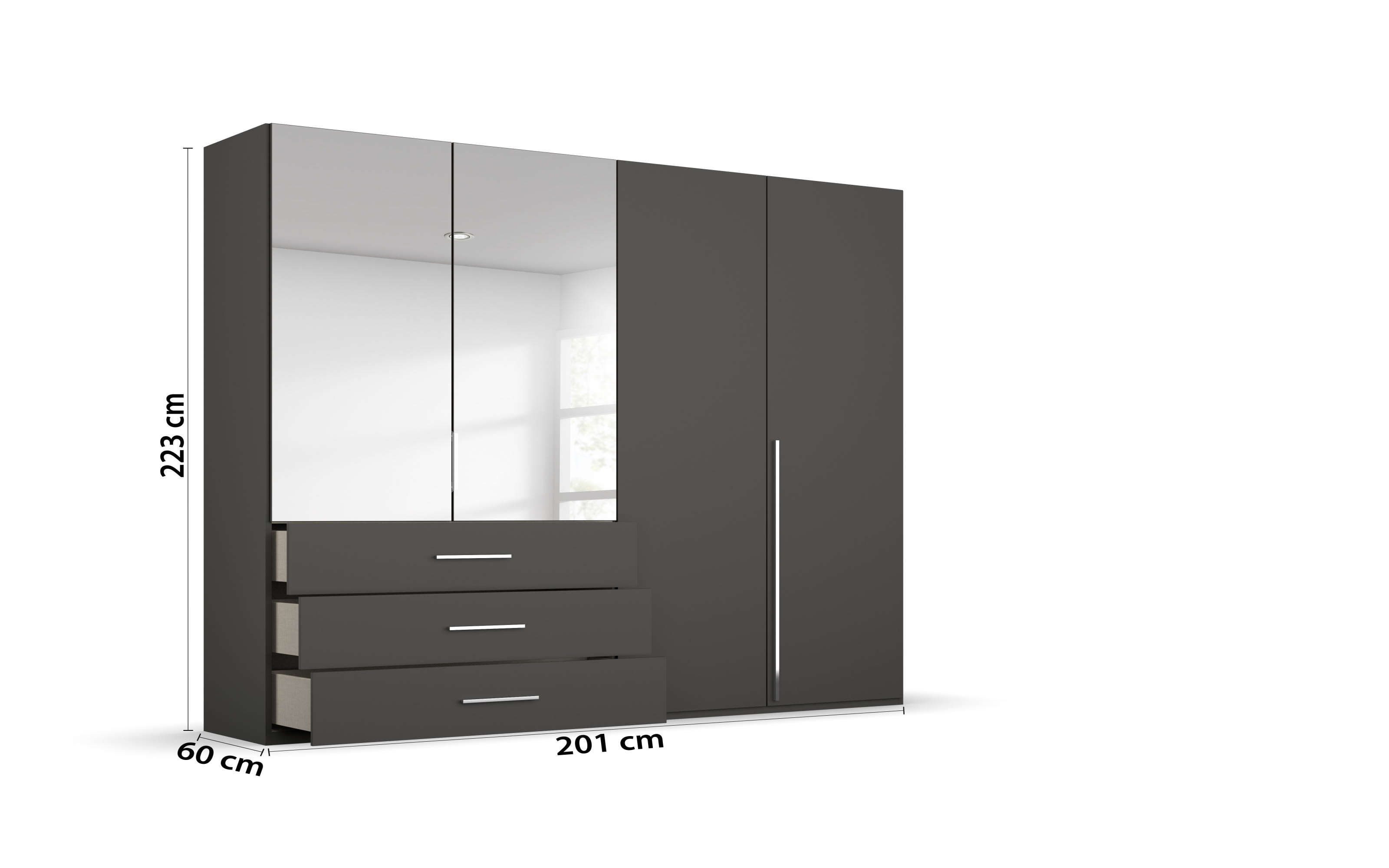 Drehtürenkleiderschrank Montclar, graphit matt, 200 x 223 cm, inkl. 2 Spiegeltüren und 3 Schubkästen