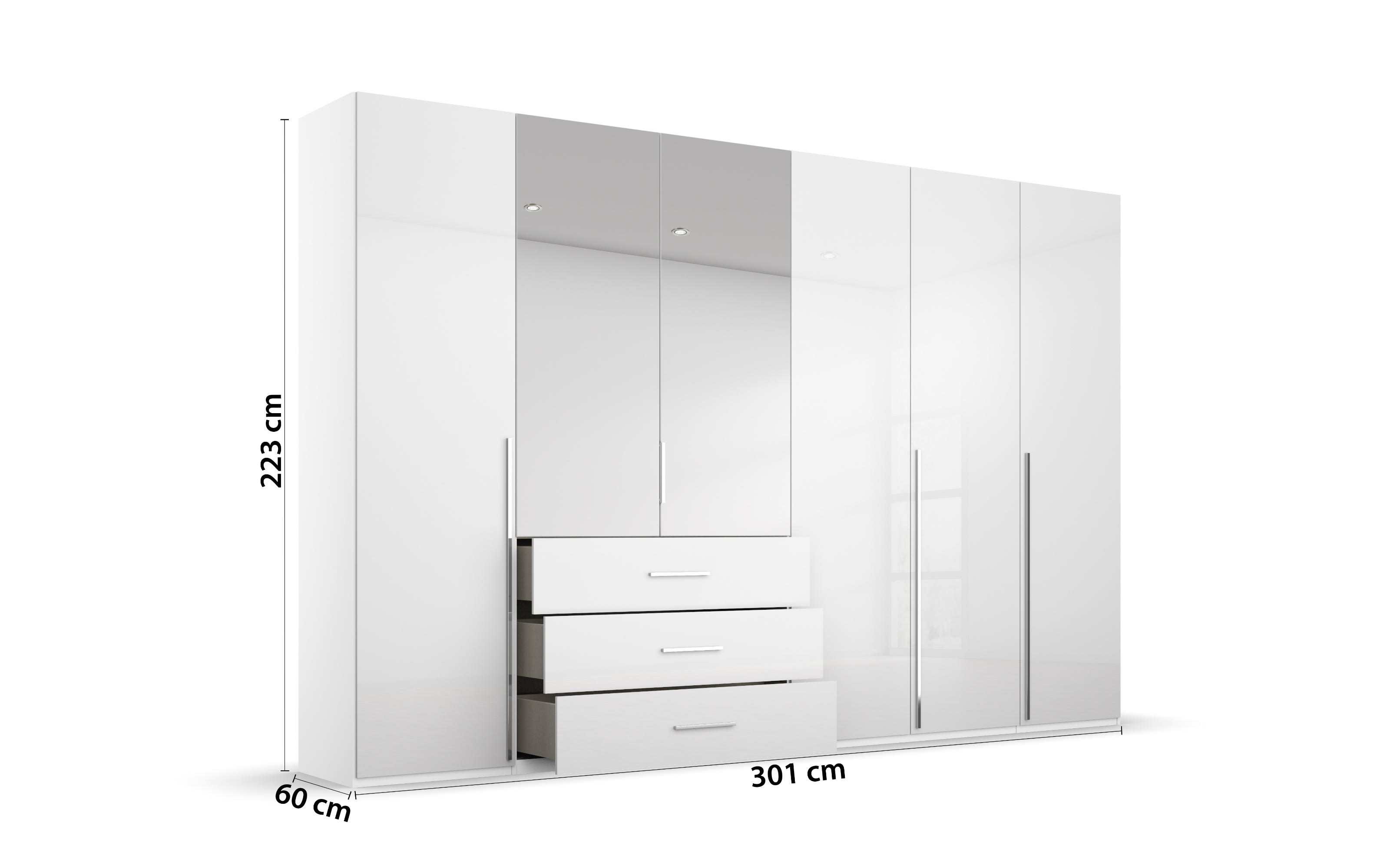 Drehtürenschrank Montclar, alpinweiß, 301 x 223 cm, inkl. 2 Spiegeltüren und 3 Schubkästen