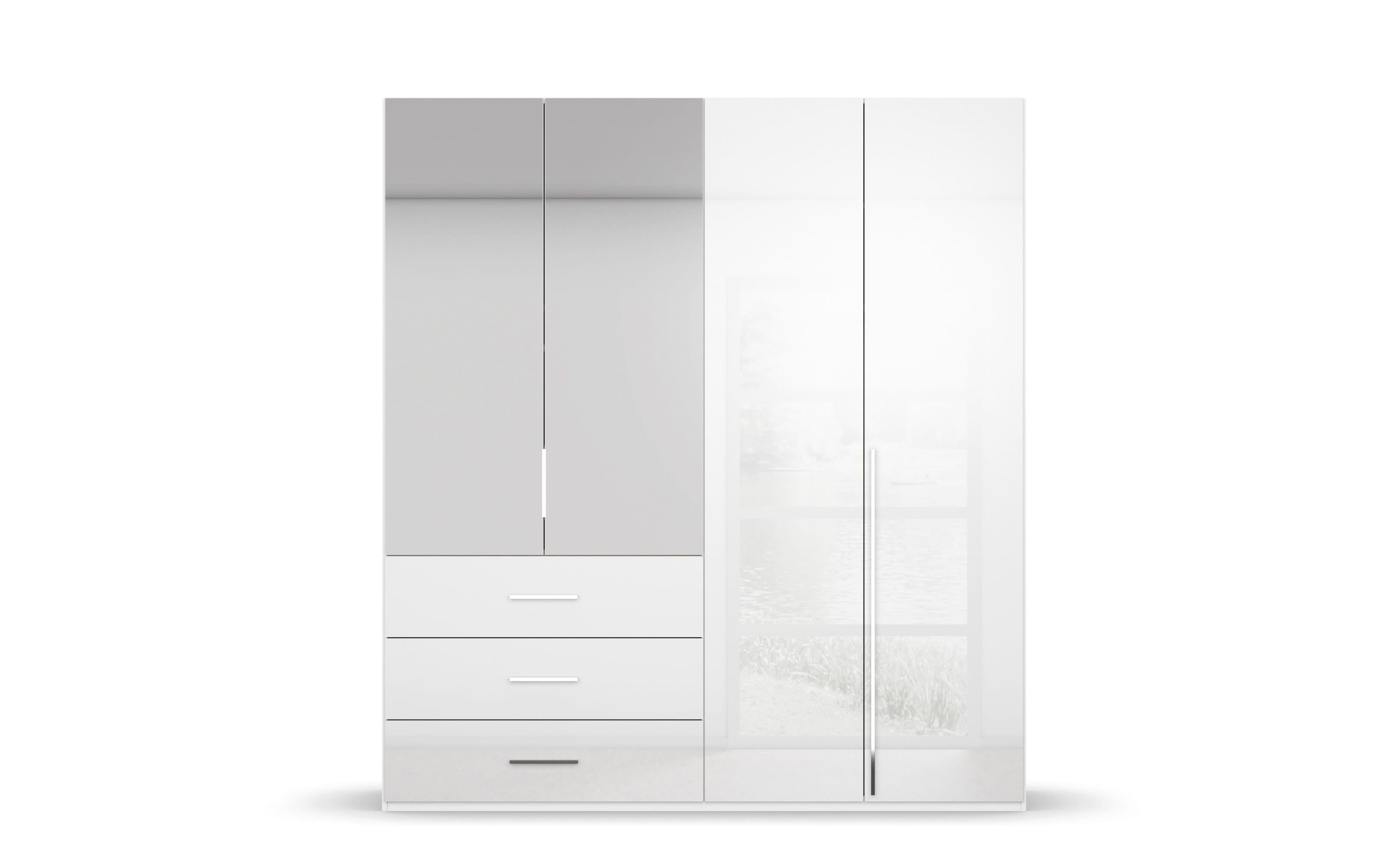 Drehtürenkleiderschrank Montclar, Hochglanz weiß, 200 x 223 cm, inkl. 2 Spiegeltüren und 3 Schubkästen