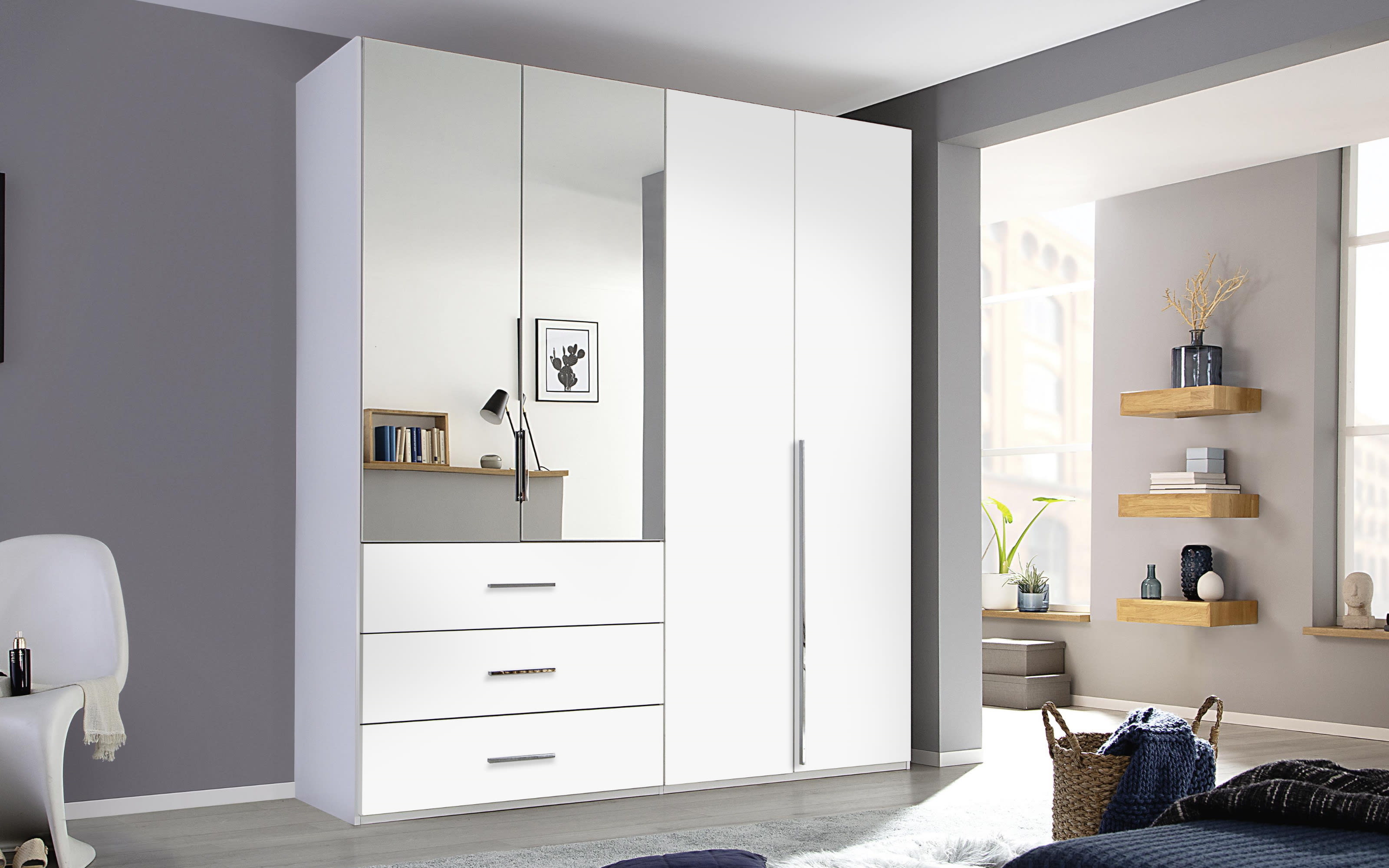 Drehtürenkleiderschrank Montclar, Hochglanz weiß, 200 x 223 cm, inkl. 2 Spiegeltüren und 3 Schubkästen