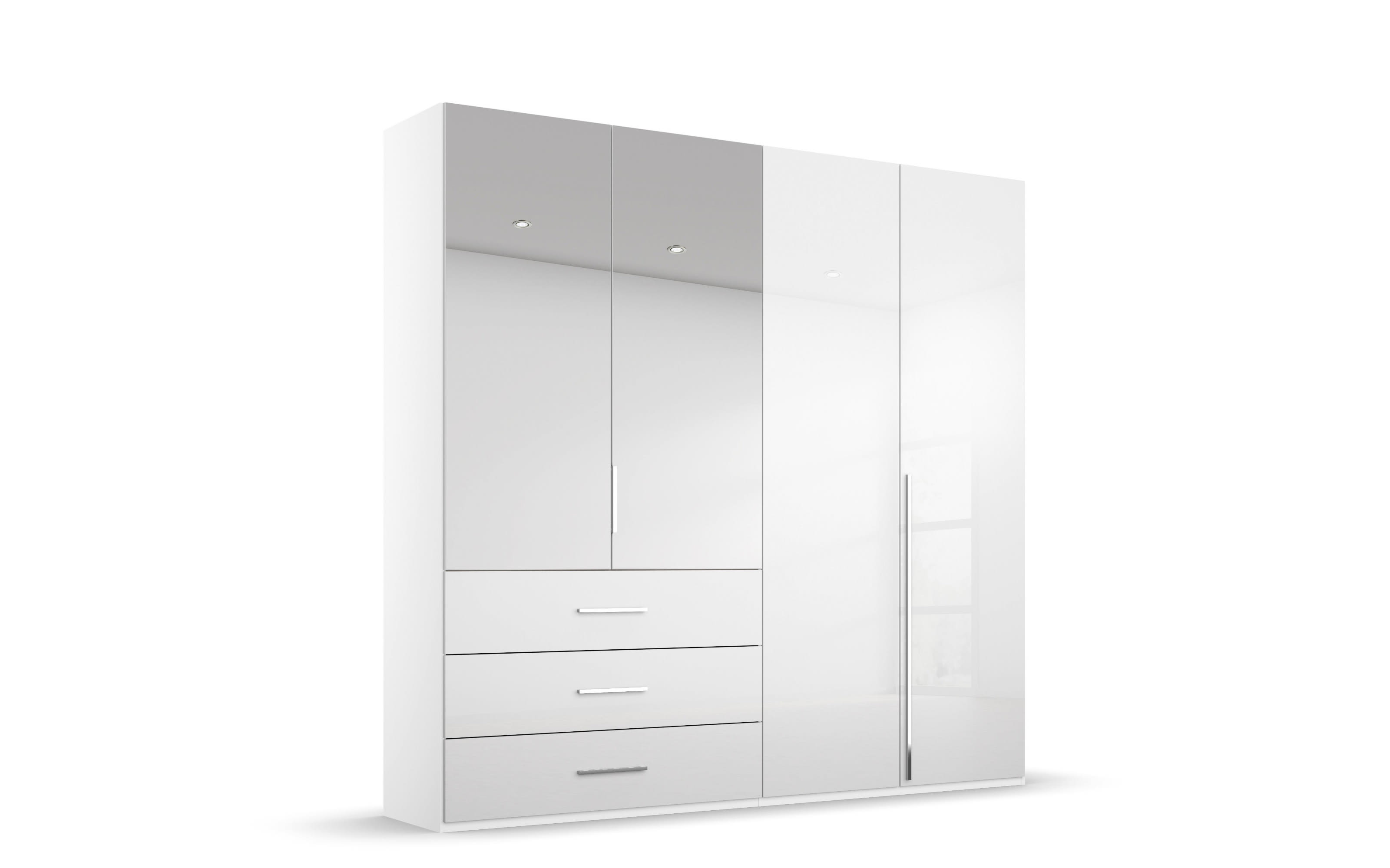 Drehtürenkleiderschrank Montclar, Hochglanz weiß, 200 x 223 cm, inkl. 2 Spiegeltüren und 3 Schubkästen