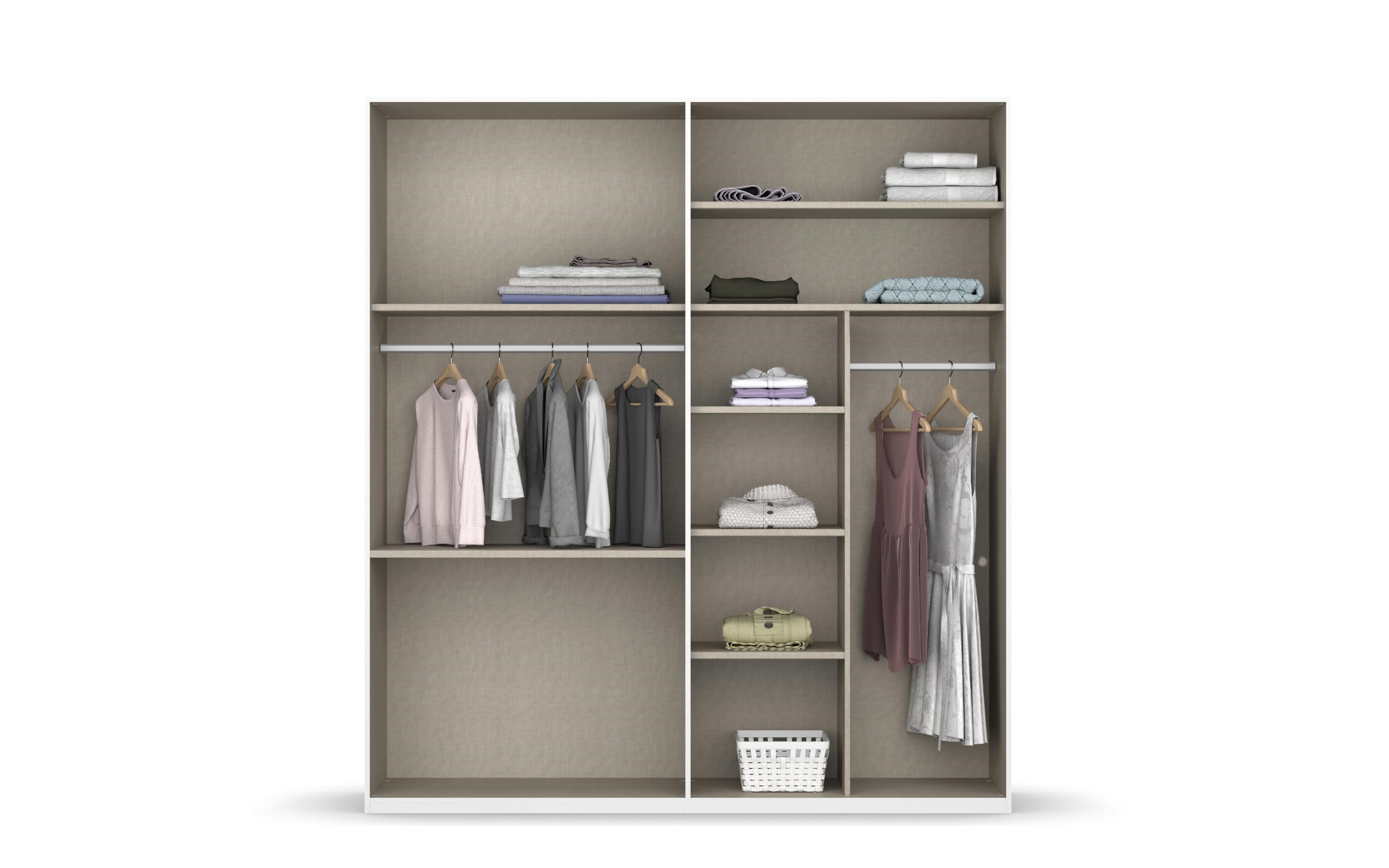 Drehtürenkleiderschrank Montclar, Hochglanz weiß, 200 x 223 cm, inkl. 2 Spiegeltüren und 3 Schubkästen