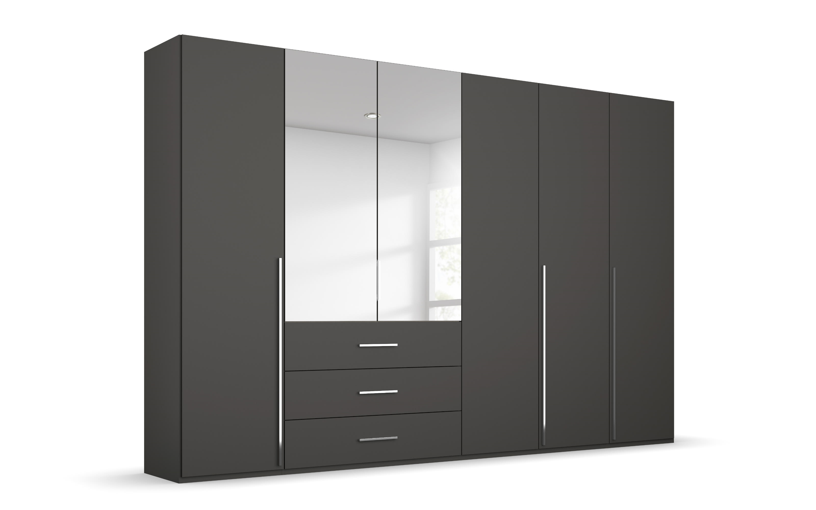 Drehtürenkleiderschrank Montclar, graphit matt, 300 x 223 cm, inkl. 2 Spiegeltüren und 3 Schubkästen