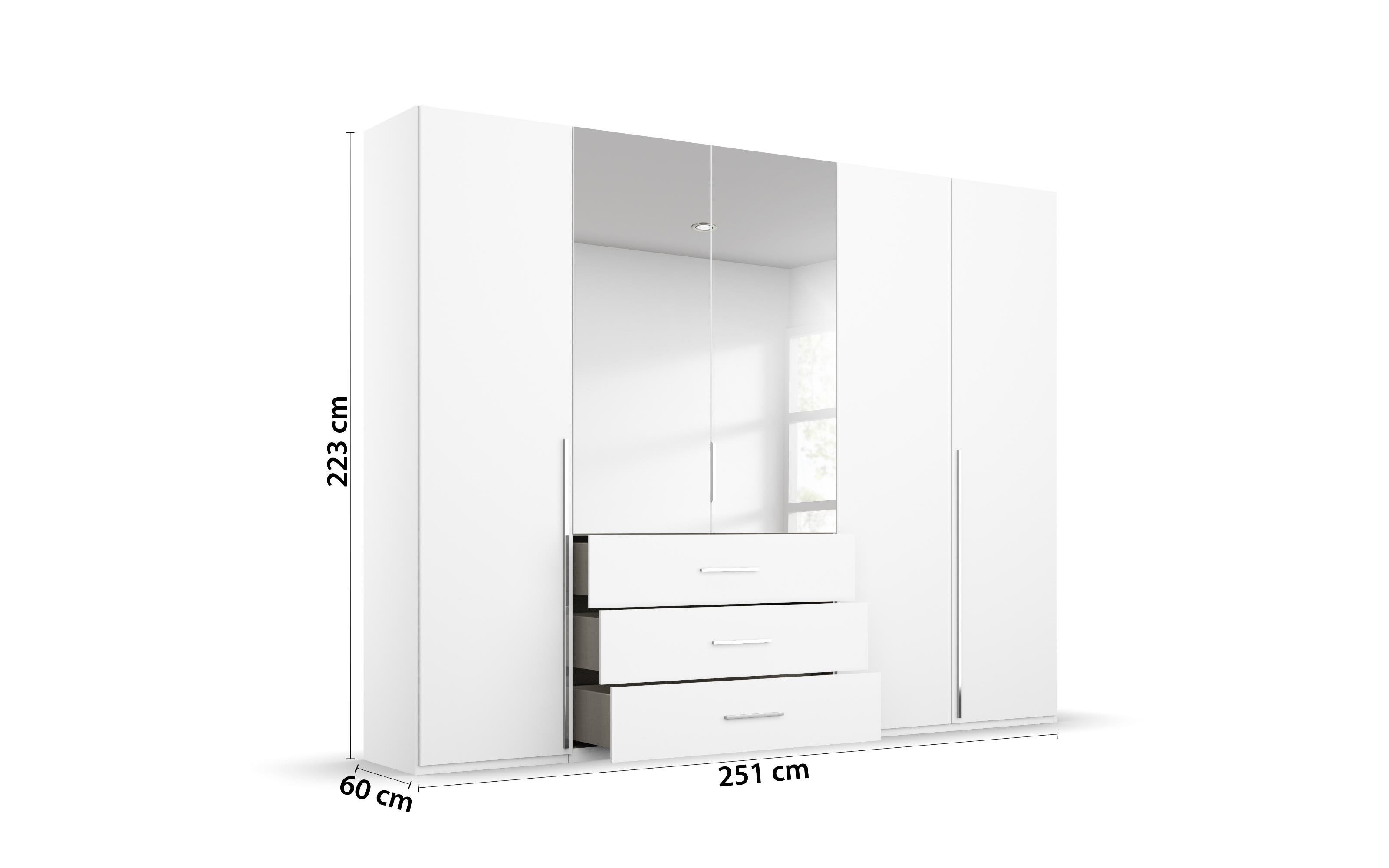Drehtürenkleiderschrank Montclar, alpinweiß matt, 250 x 223 cm, inkl. 2 Spiegeltüren und 3 Schubkästen