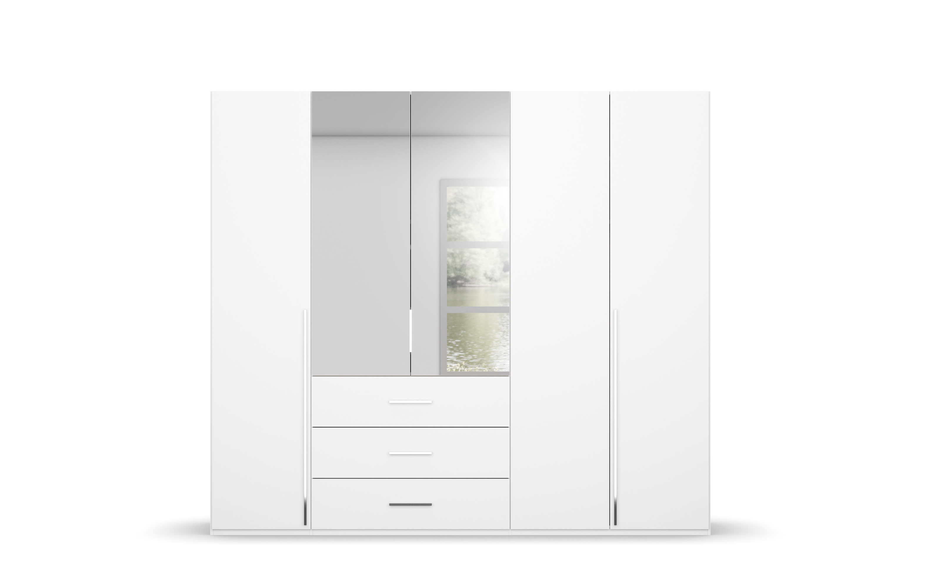 Drehtürenkleiderschrank Montclar, alpinweiß matt, 250 x 223 cm, inkl. 2 Spiegeltüren und 3 Schubkästen