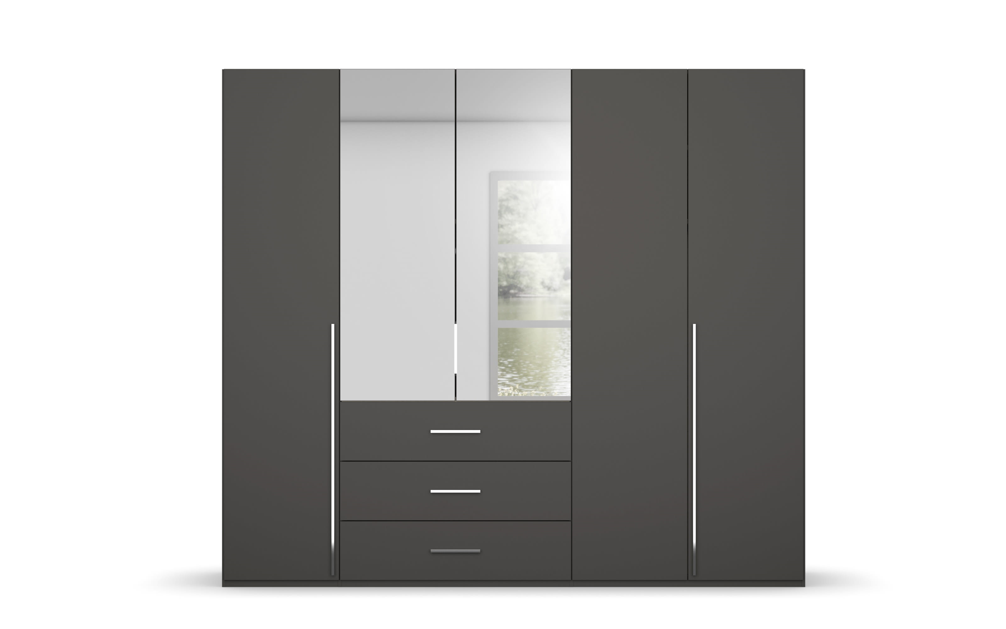Drehtürenkleiderschrank Montclar, graphit matt, 250 x 223 cm,  inkl. 2 Spiegeltüren und 3 Schubkästen
