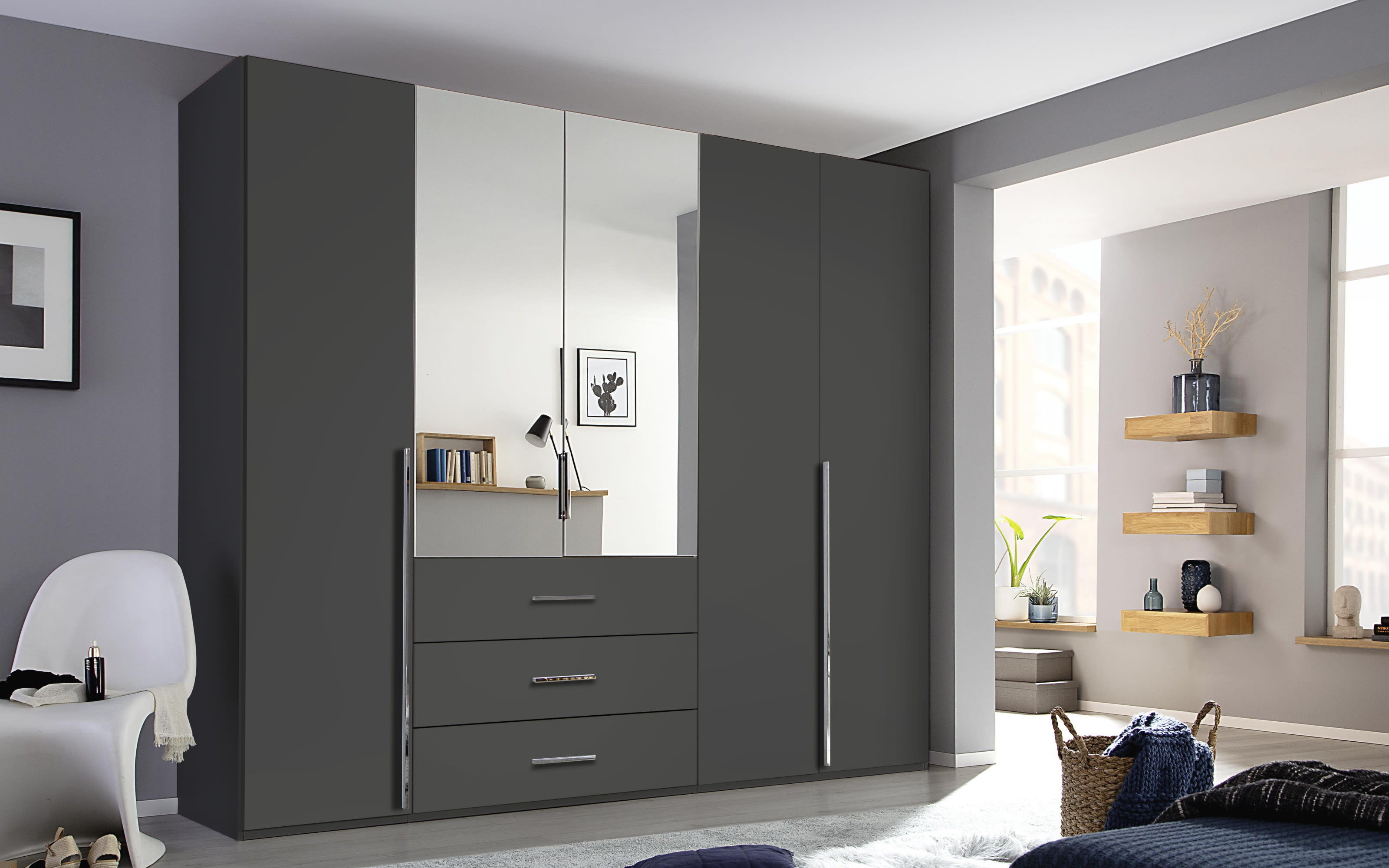 Drehtürenkleiderschrank Montclar, graphit matt, 250 x 223 cm,  inkl. 2 Spiegeltüren und 3 Schubkästen