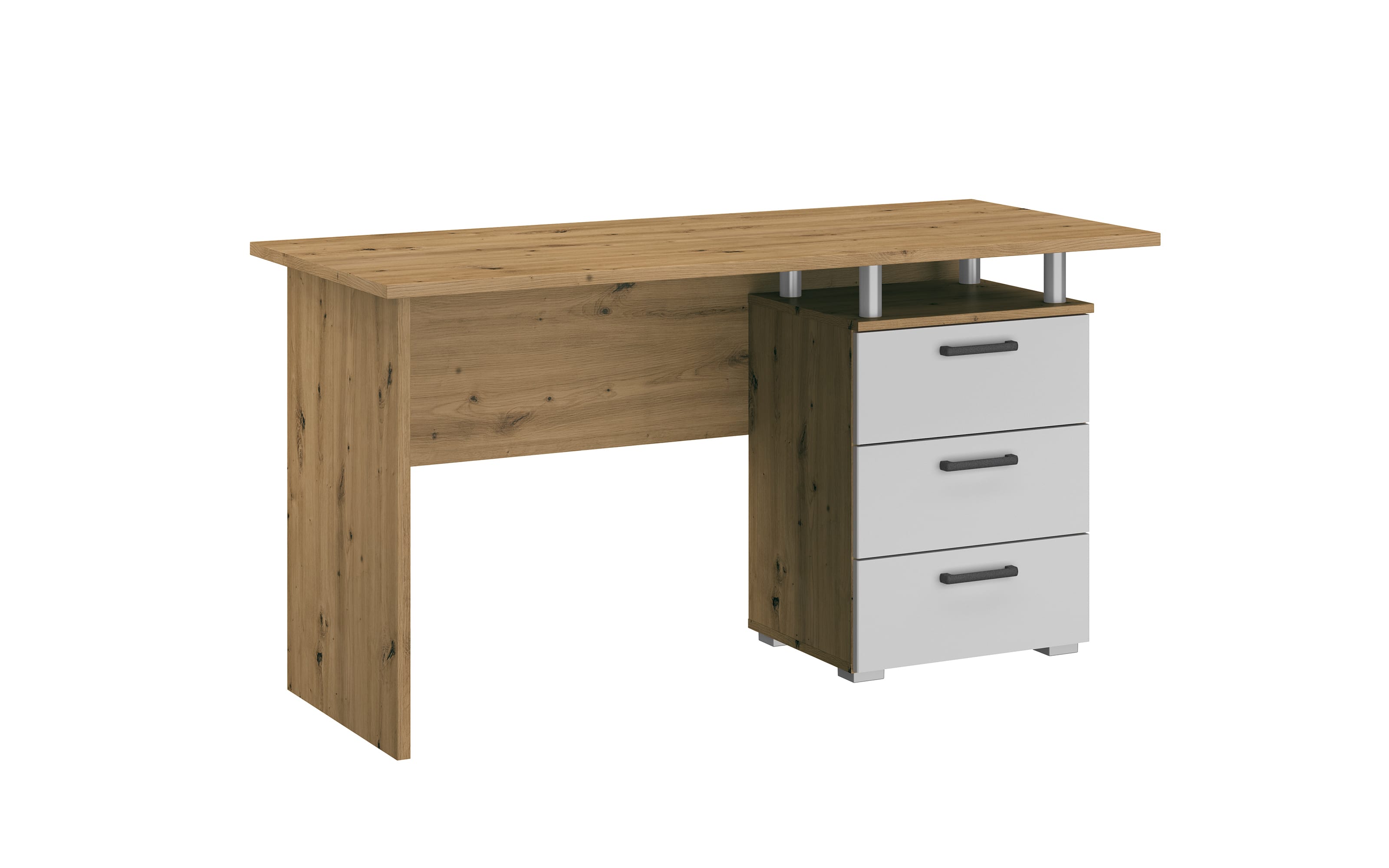 Schreibtisch Allrounder, Eiche Artisan Nachbildung/alpinweiß, 3 Schubkästen