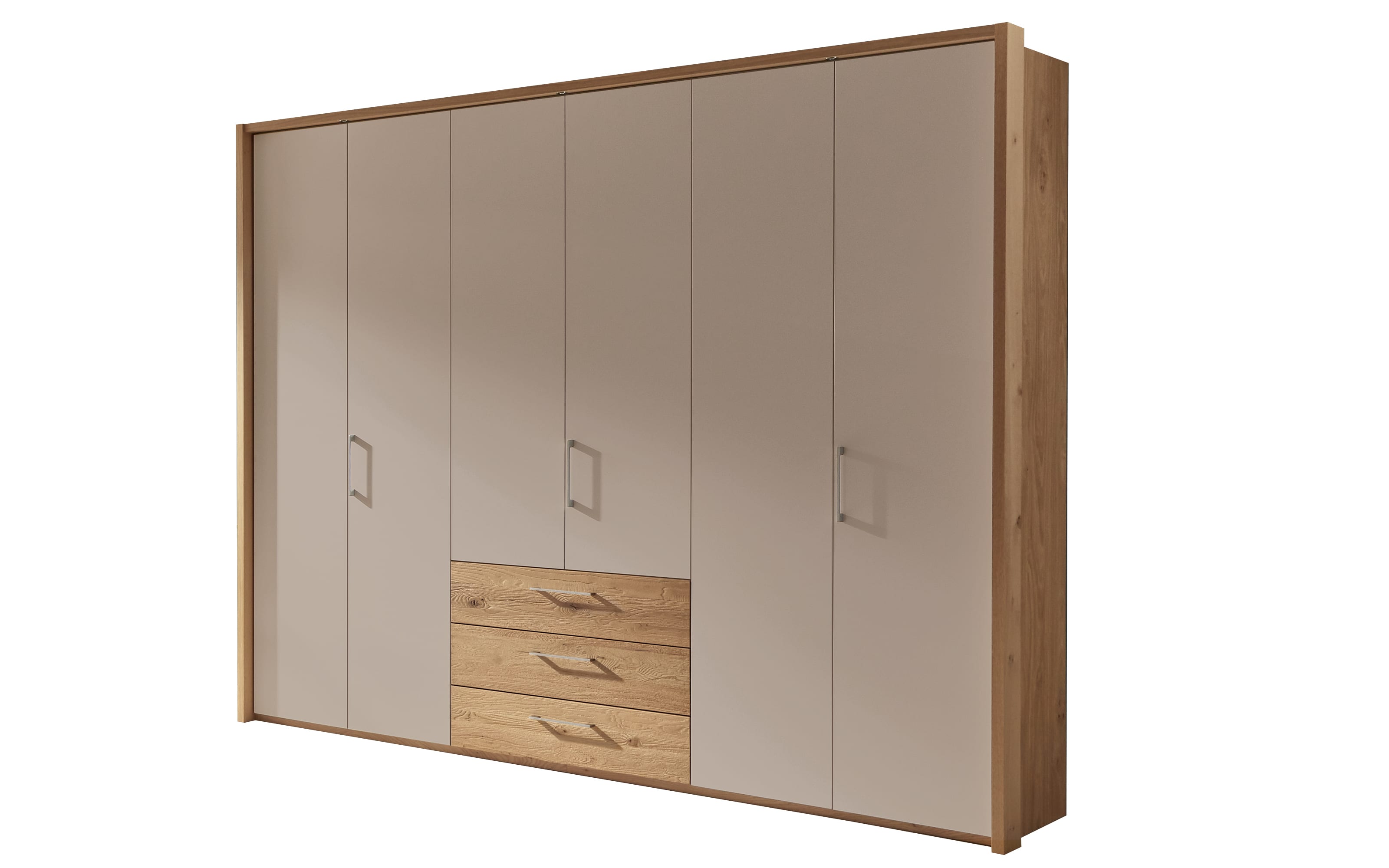 Schlafzimmer Cadiz, Balkeneiche Furnier/Lack taupe, Absetzungen Eiche Riffholz, 180 x 200 cm, Schrank  270 x 229 cm