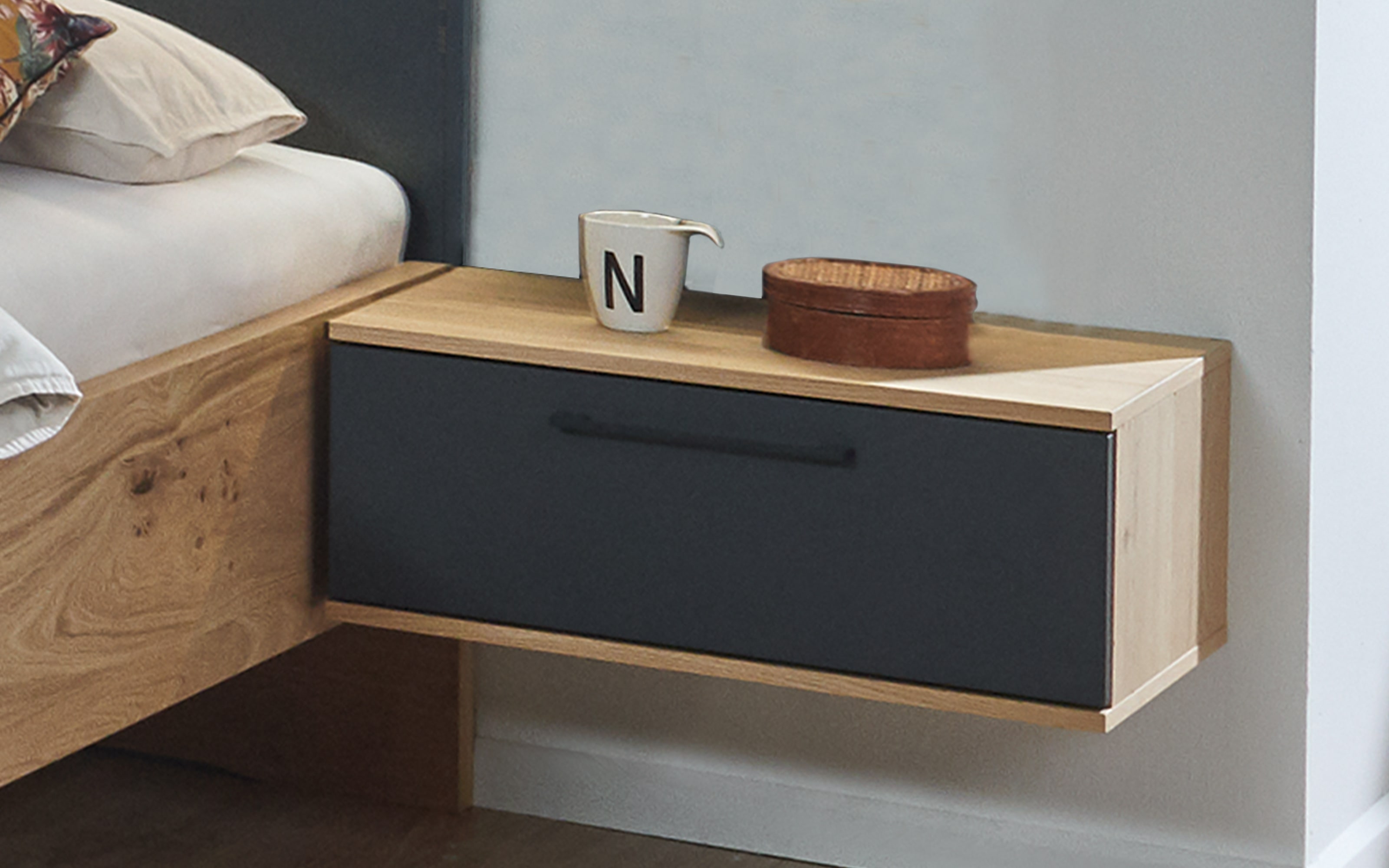 Schlafzimmer Cabrillo, basalt/Balkeneiche furniert, 180 x 200 cm, Schrank 270 x 230 cm