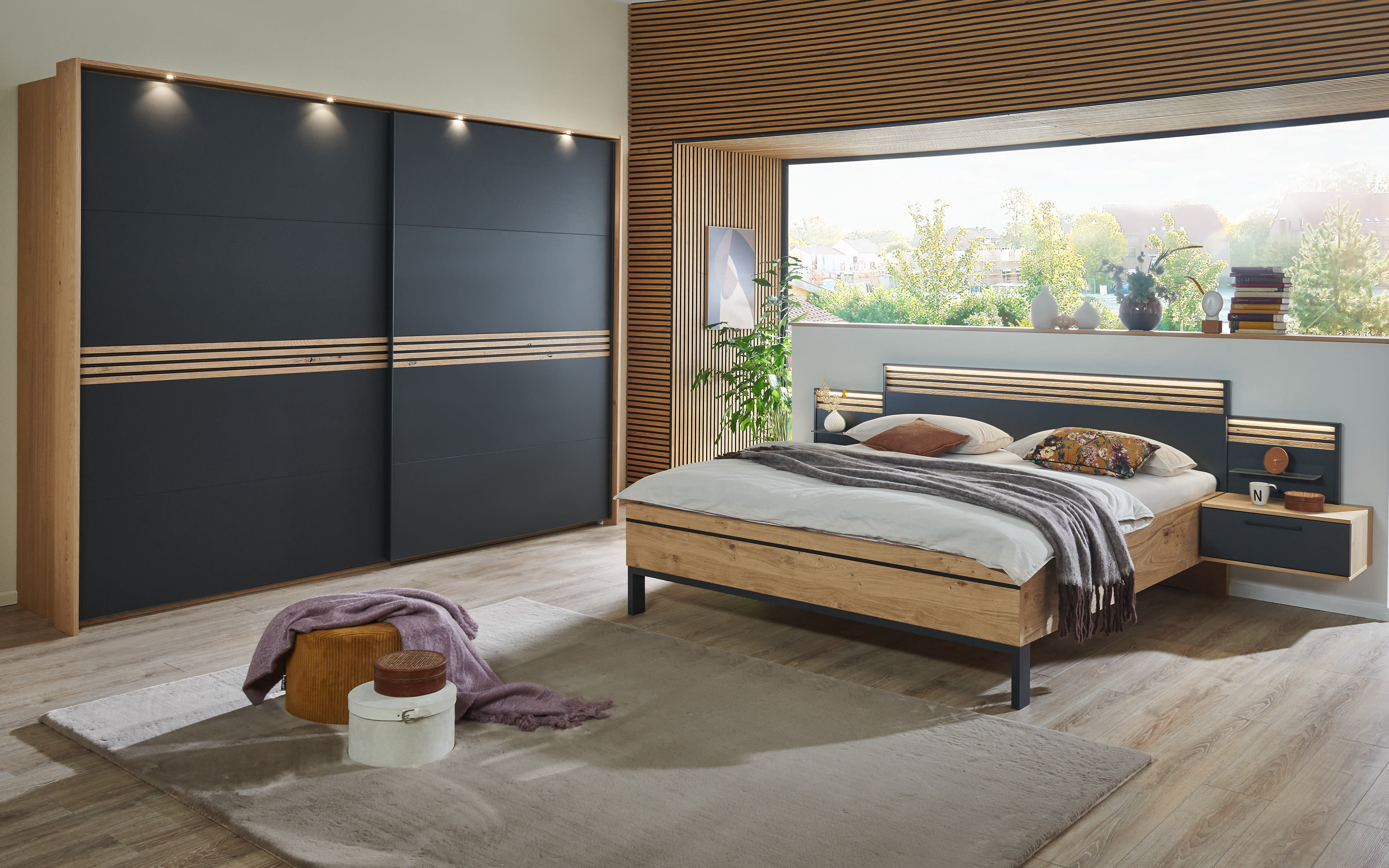Schlafzimmer Cabrillo, basalt/Balkeneiche furniert, 180 x 200 cm, Schrank 270 x 230 cm