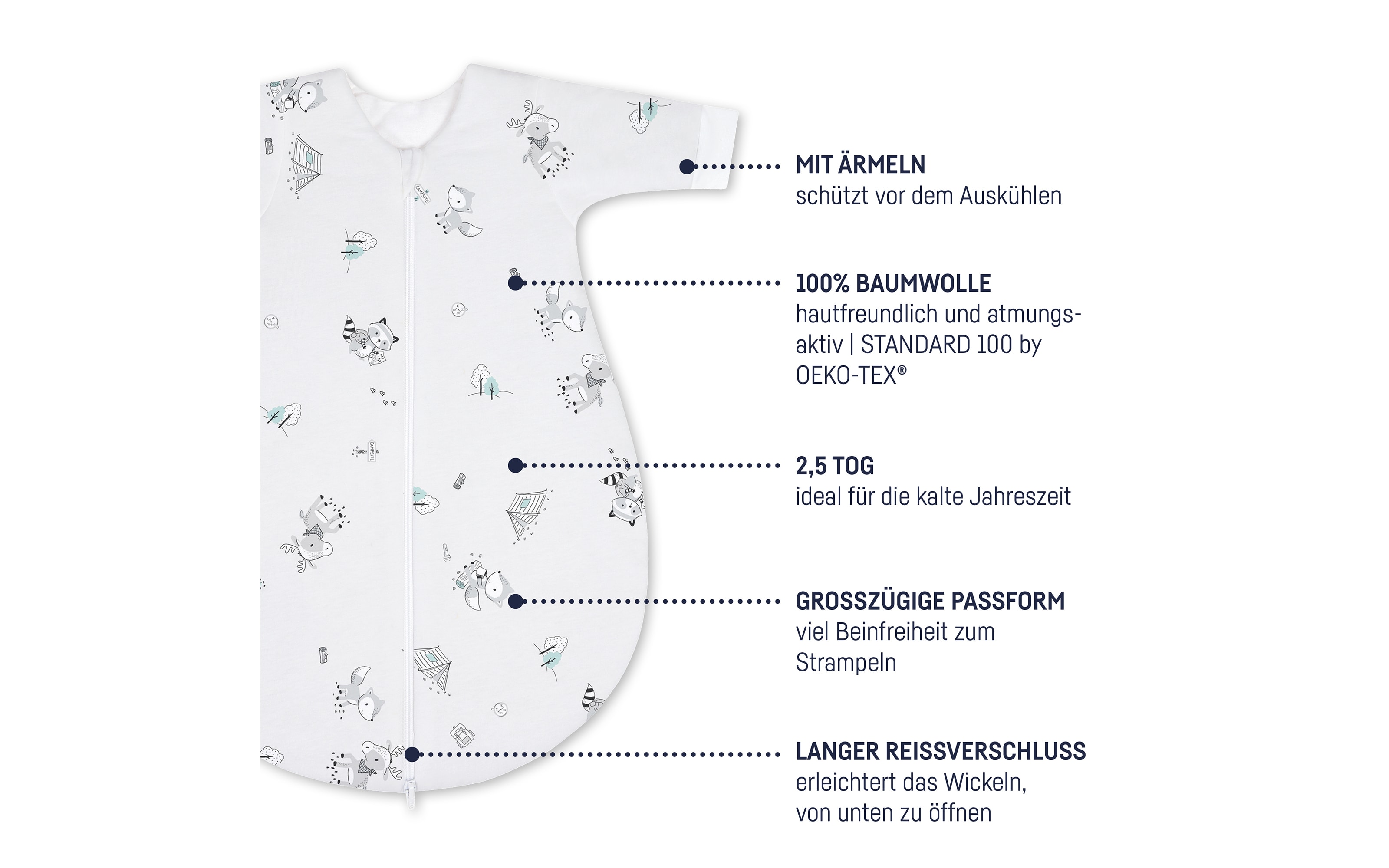 Jersey Winterschlafsack in weiß mit Motiv Fuchs & Elch, Länge ca. 98 cm