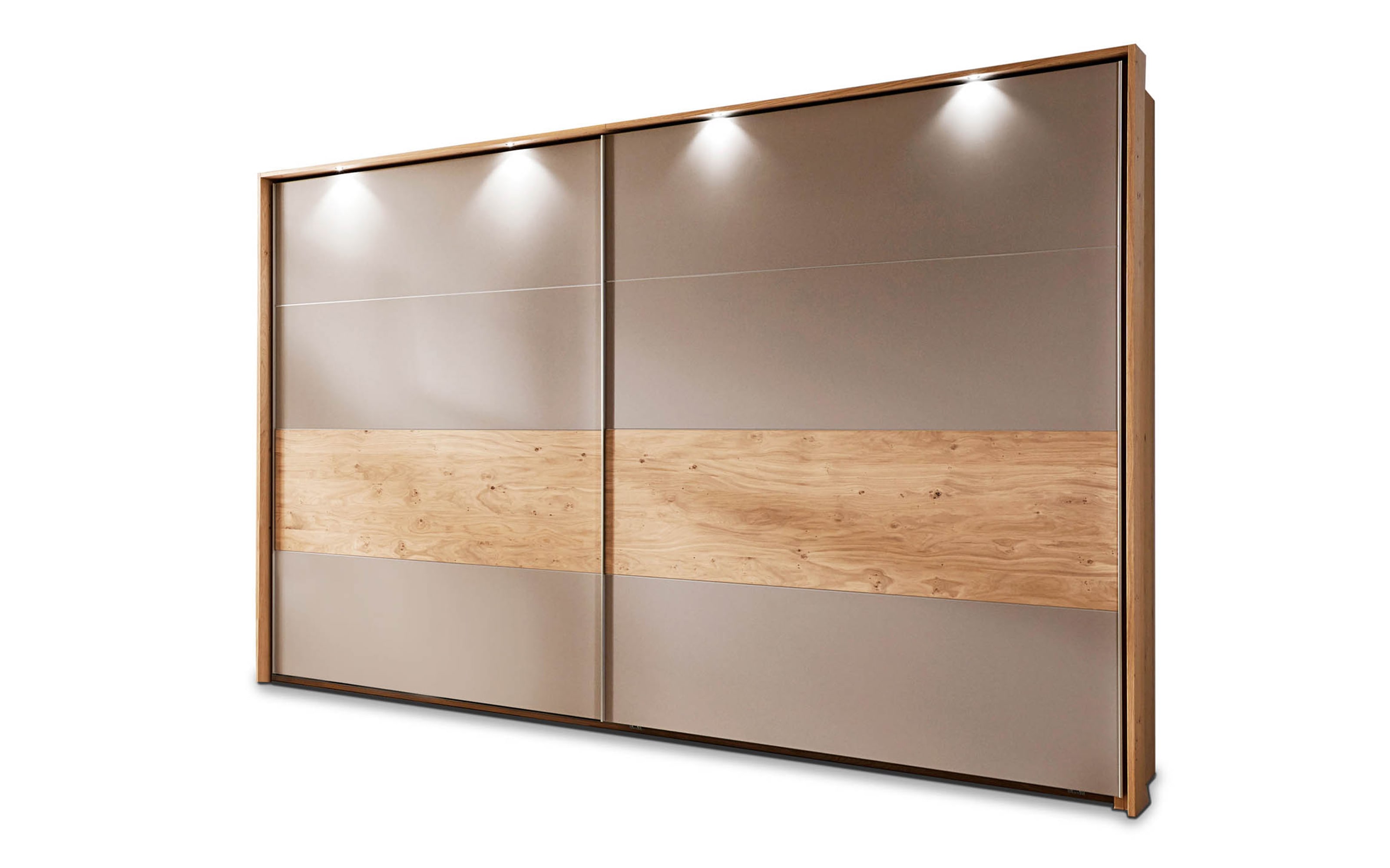 Schwebetürenschrank Amado 4030, Lack taupe/Wildeichefurnier, 301 x 229 cm