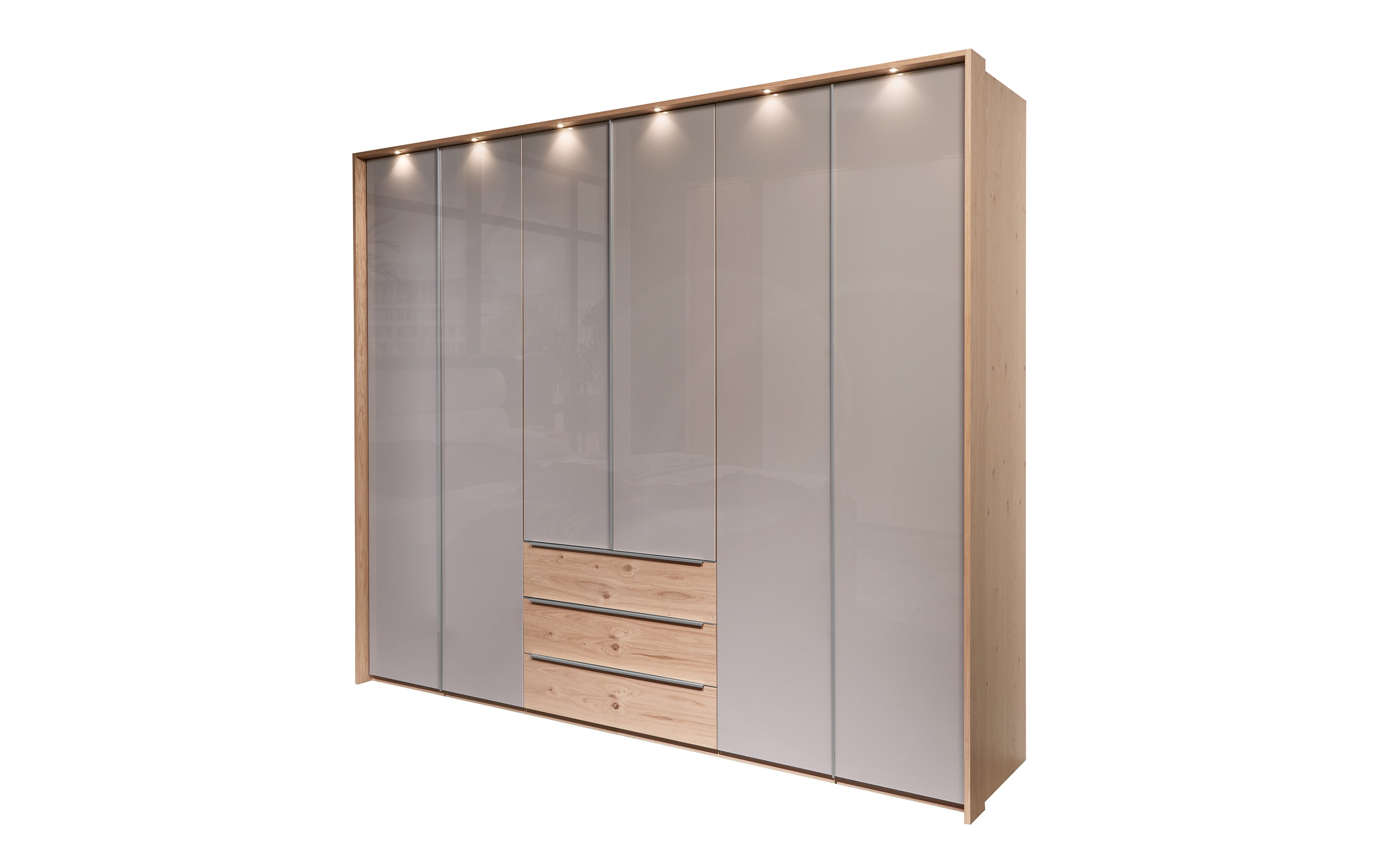 Drehtürenschrank Mindia, taupe/Balkeneiche-Nachbildung, 299 x 229 cm