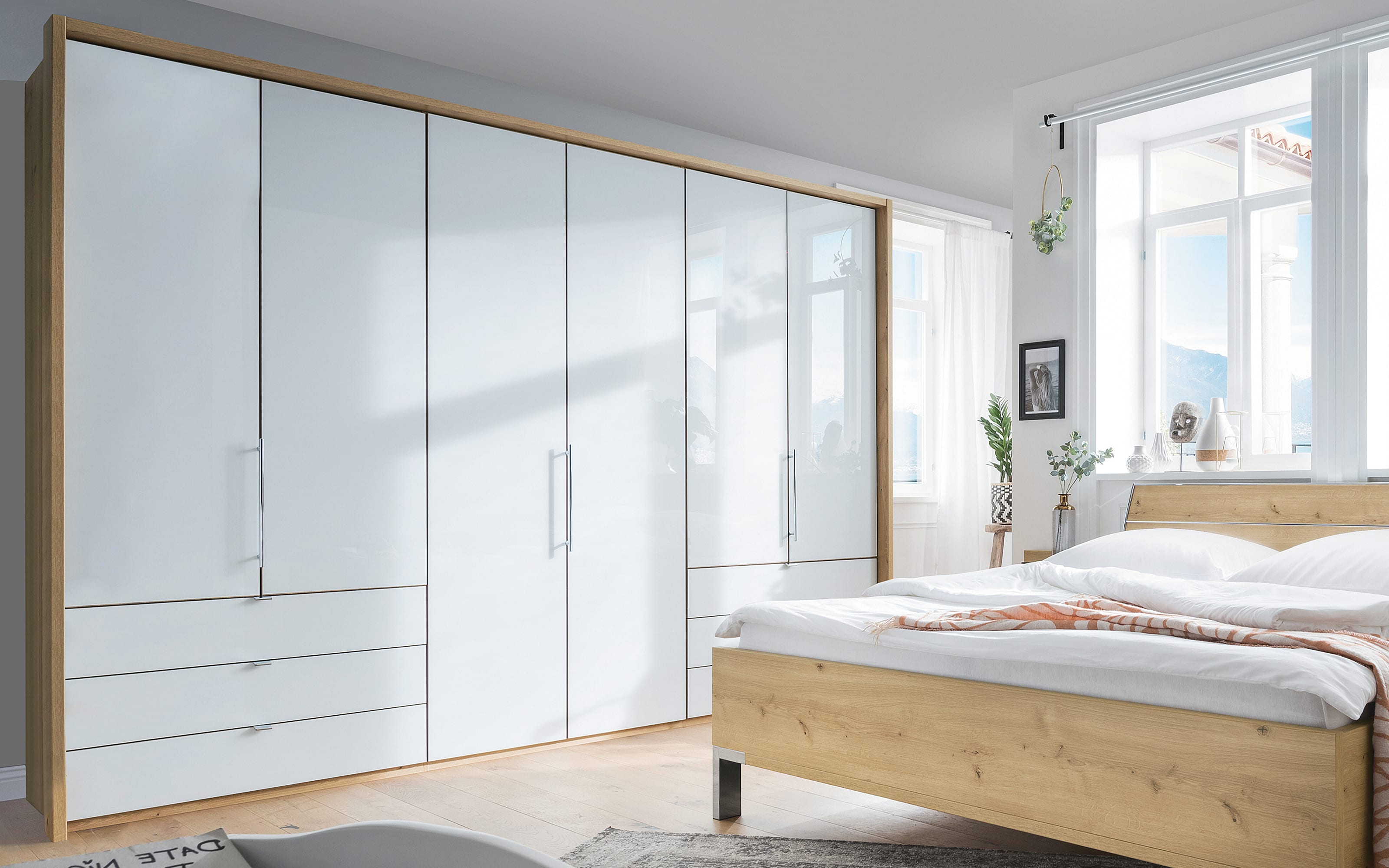 Falttürenkleiderschrank Loft, weiß/Bianco Eiche, 300 x 216 cm