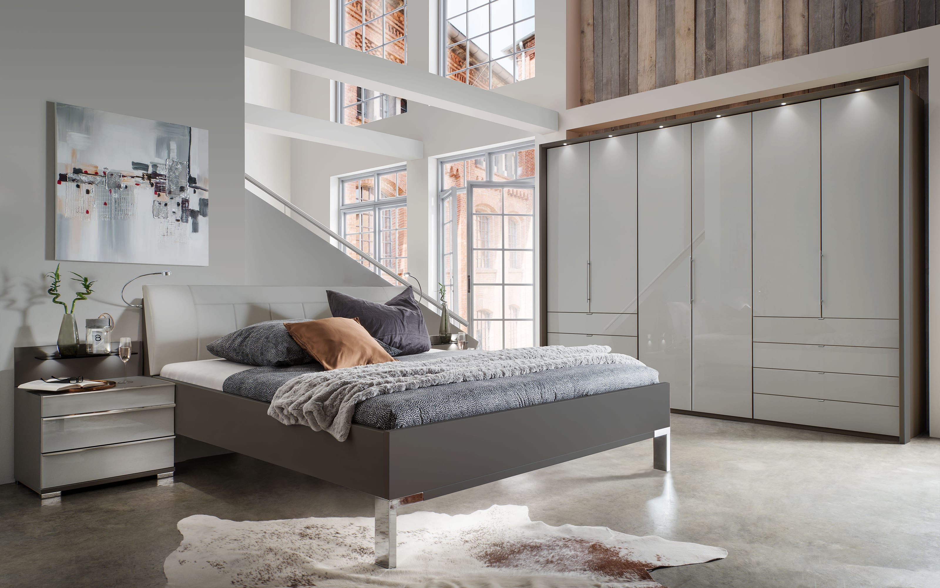 Schlafzimmer Loft, kieselgrau/Havanna-Dekor, 180 x 200 cm, Schrank 300 x  236 cm online bei Hardeck kaufen