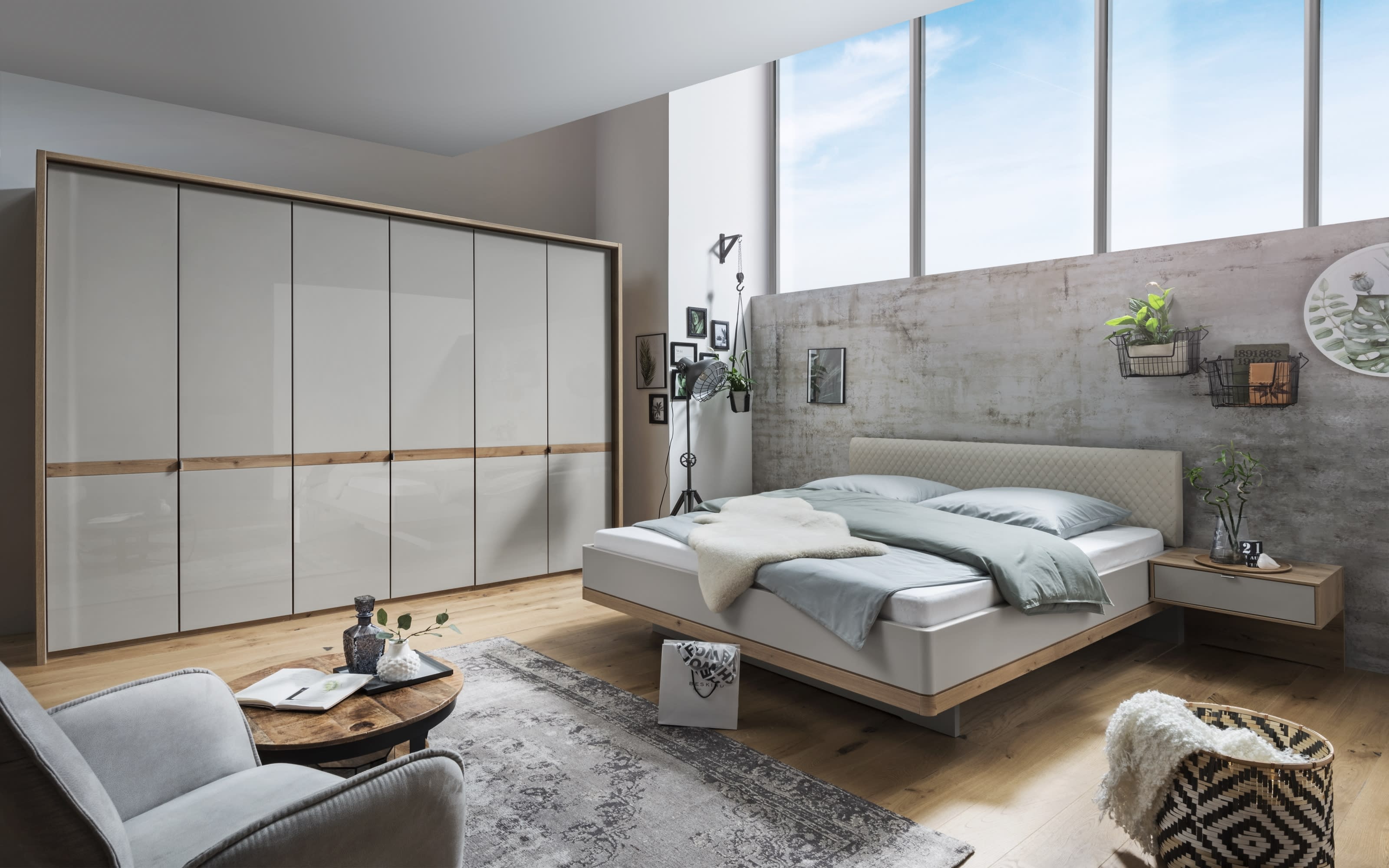 Schlafzimmer Barcelona, champagner/Bianco Eiche, 200 x 200 cm, Schrank 300 x 216 cm