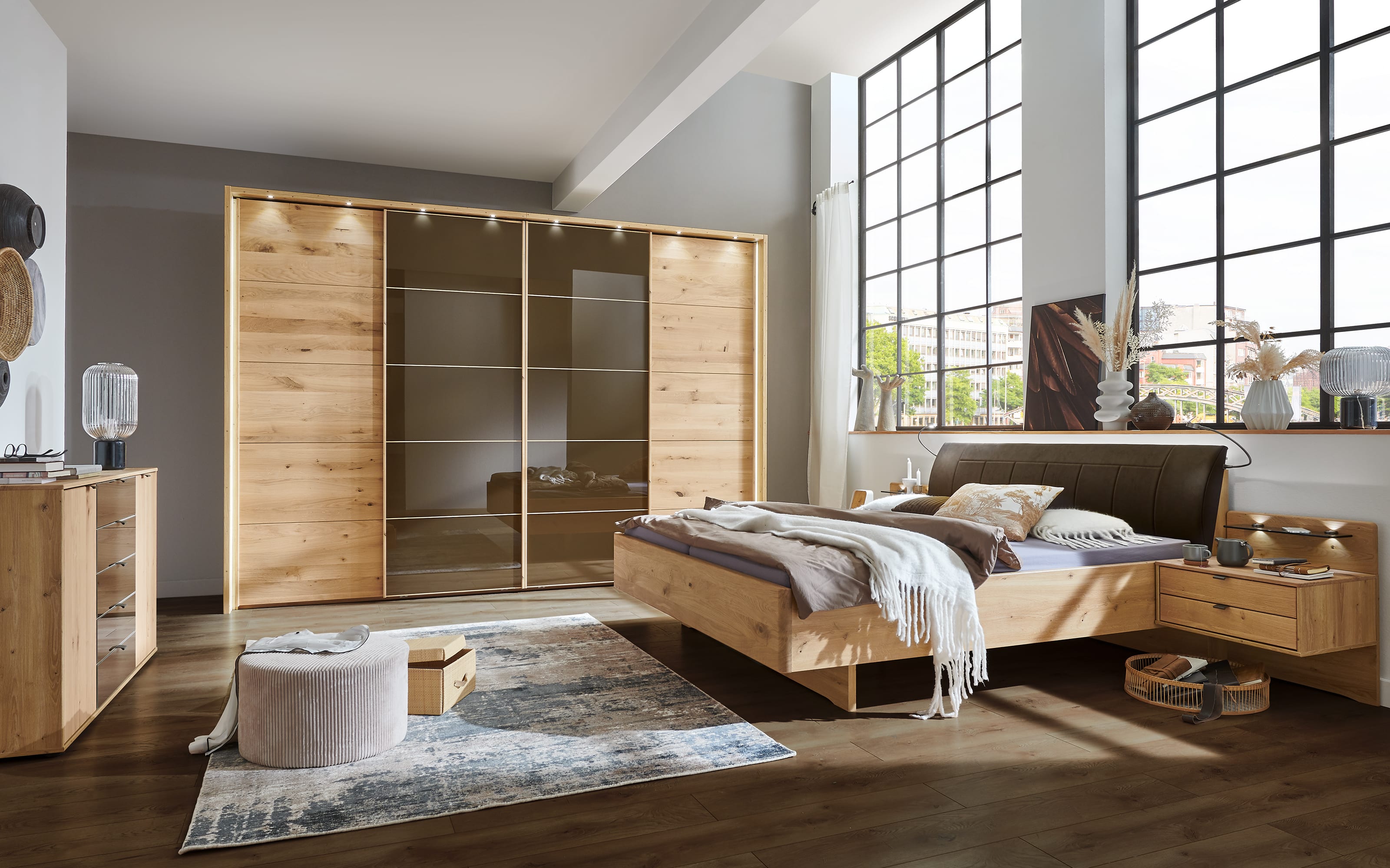 Schwebetürenschrank Cardiff, Eiche Bianco, teilmassiv/braun