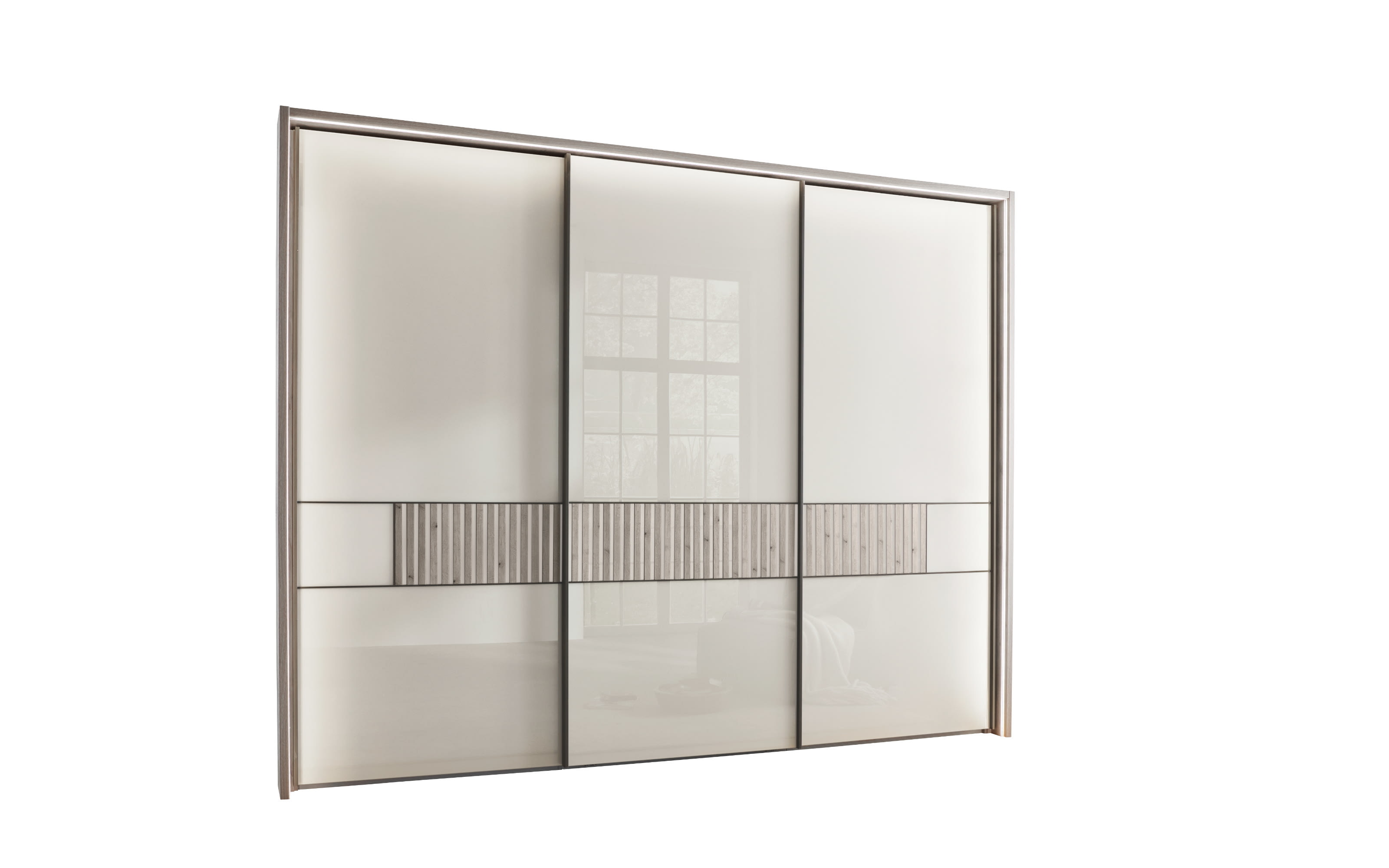 Schwebetürenschrank Ventura, Bianco Eiche Nachbildung/ Glas champagner, 300 cm