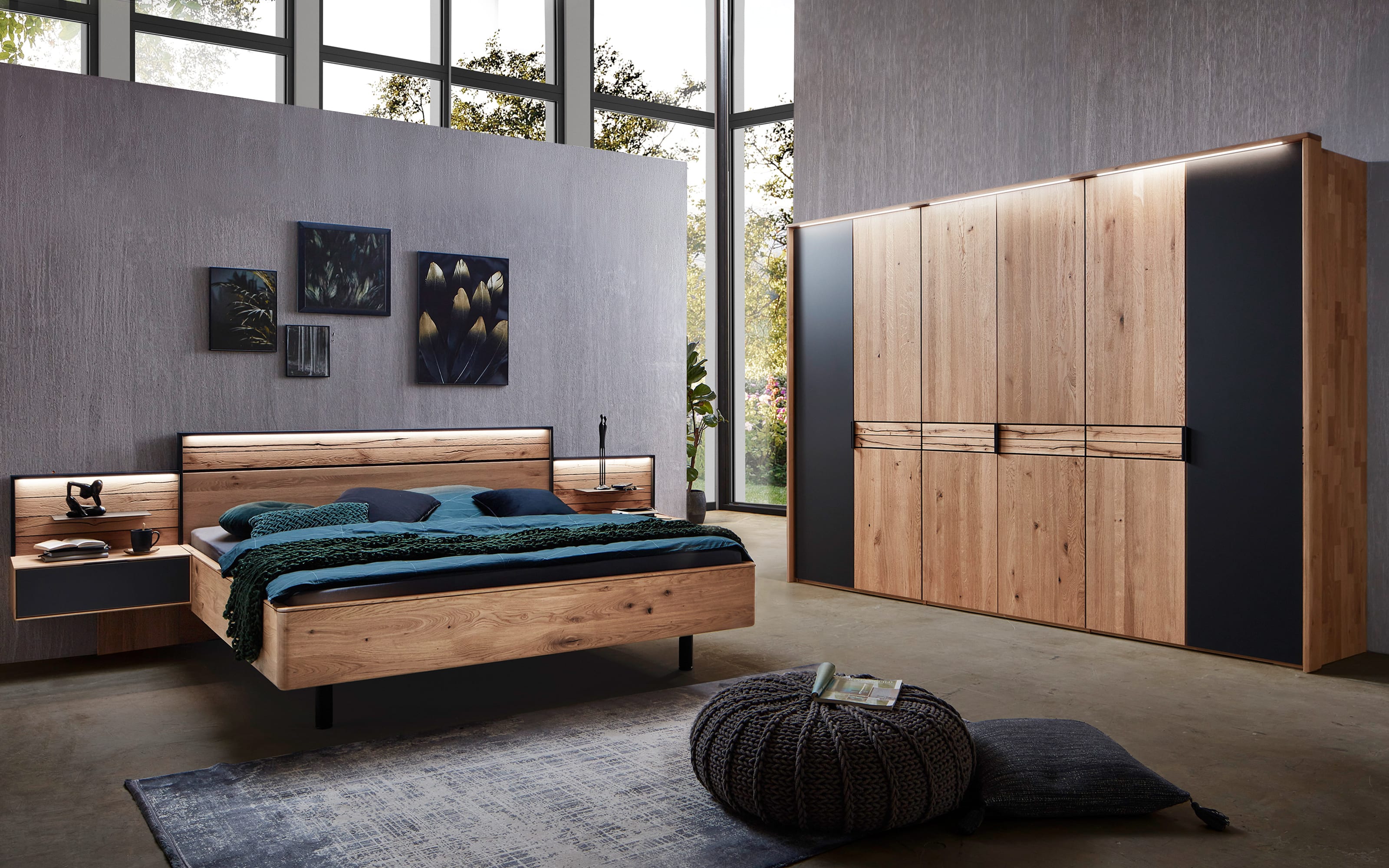 Schlafzimmer WSM 4300, Wildeiche massiv, 180 x 200 cm, Schrank 302 x 223 cm