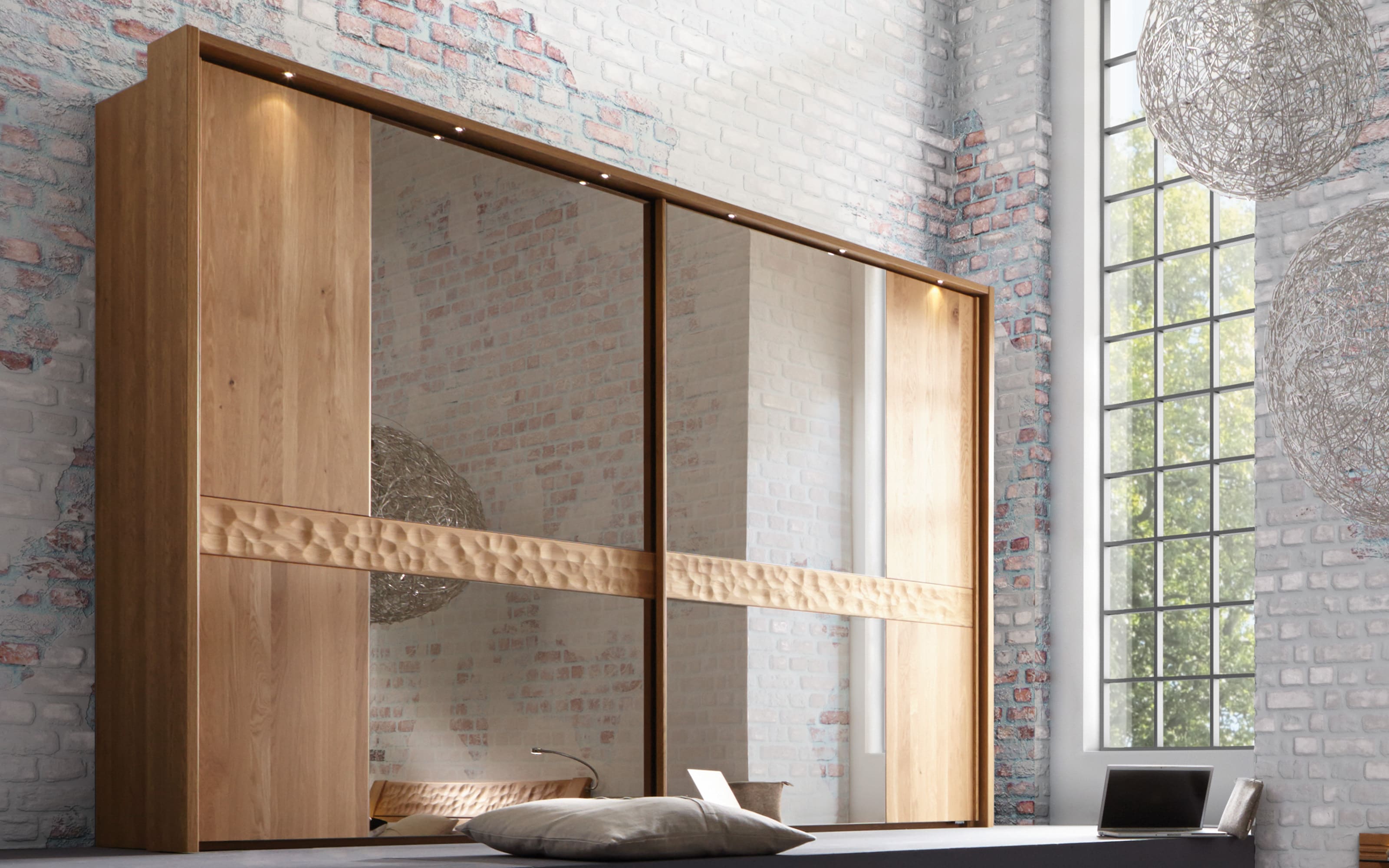 Schwebetürenschrank Paolo, teilmassive Eiche/Treibholz-Nachbildung, 300 x 217 cm