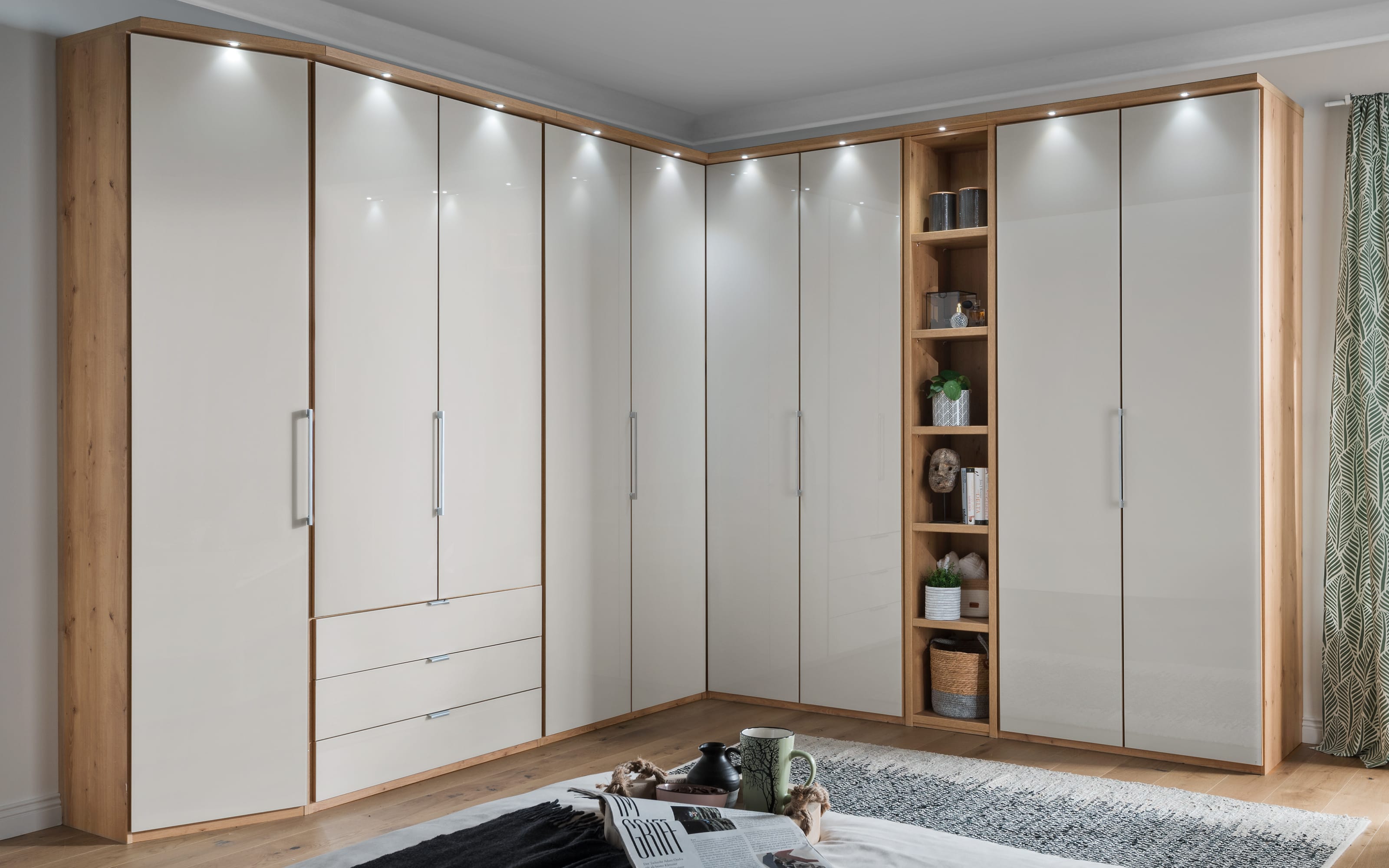 Drehtürenschrank Clivo, Eiche Bianco Nachbildung/Glas champagner