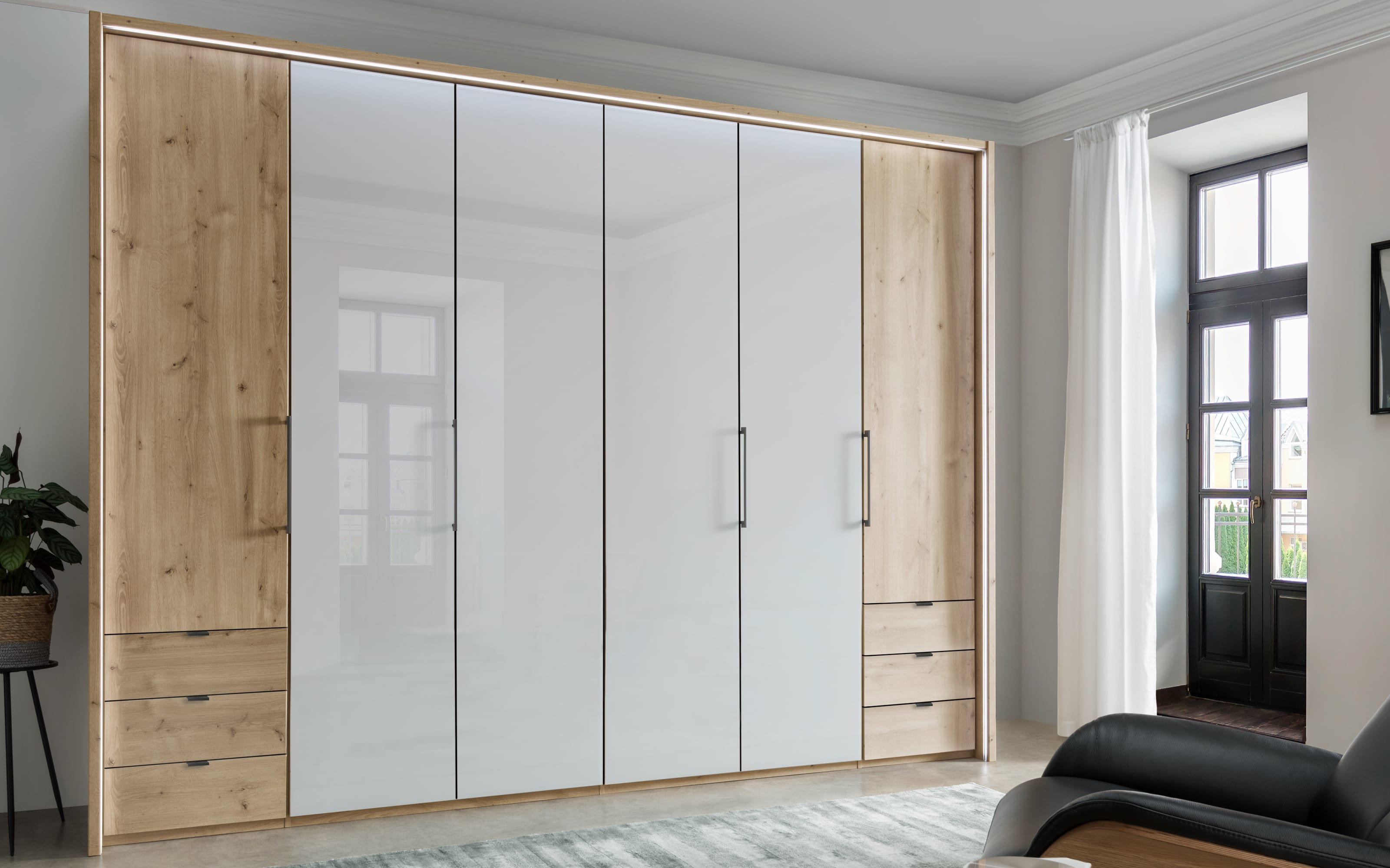 Drehtürenschrank Clivo, Glas weiß/Eiche Bianco Nachbildung, 300 x 220 cm