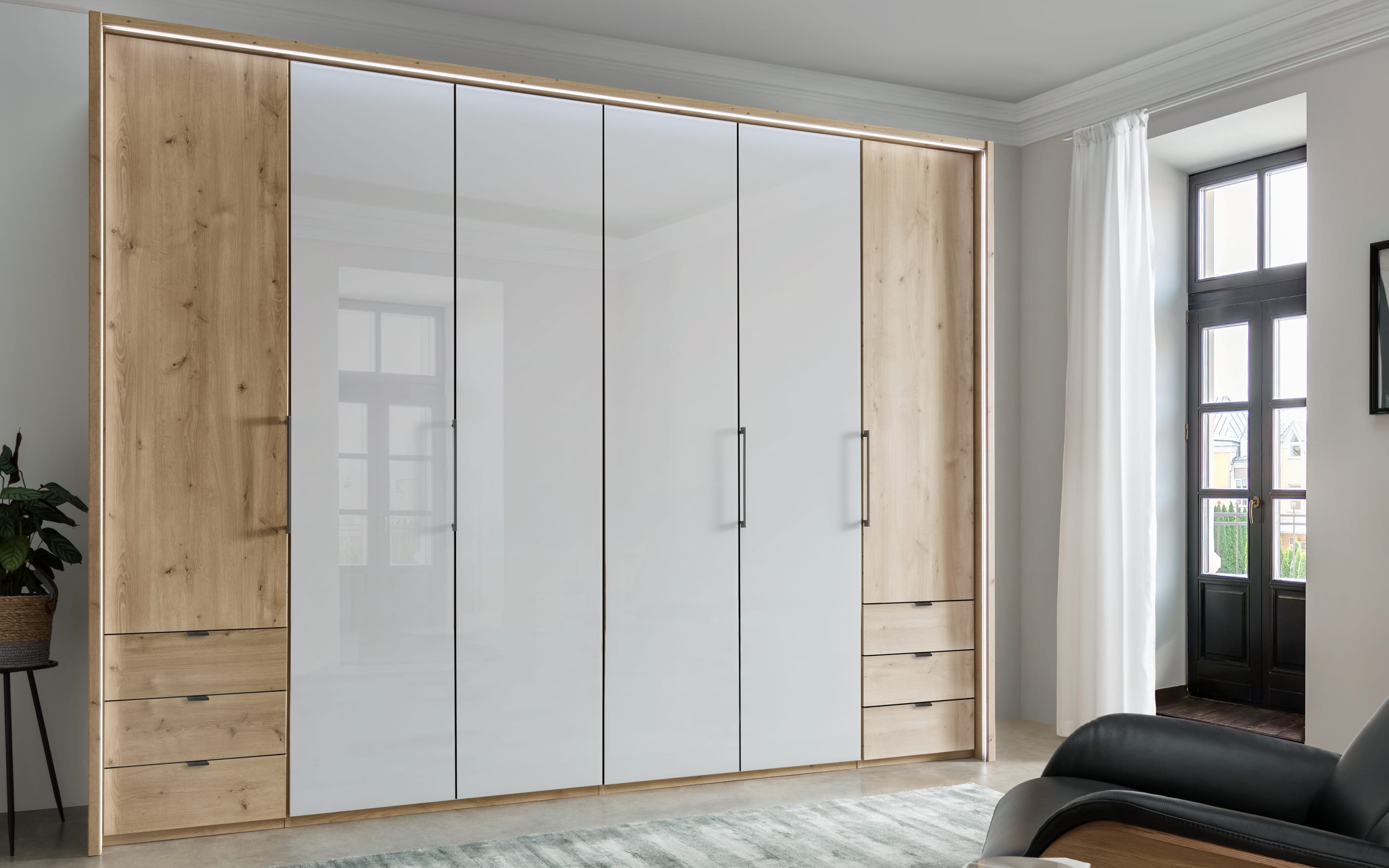 Drehtürenschrank Clivo, Glas weiß/Eiche-Bianco-Nachbildung, 300 x 220 cm