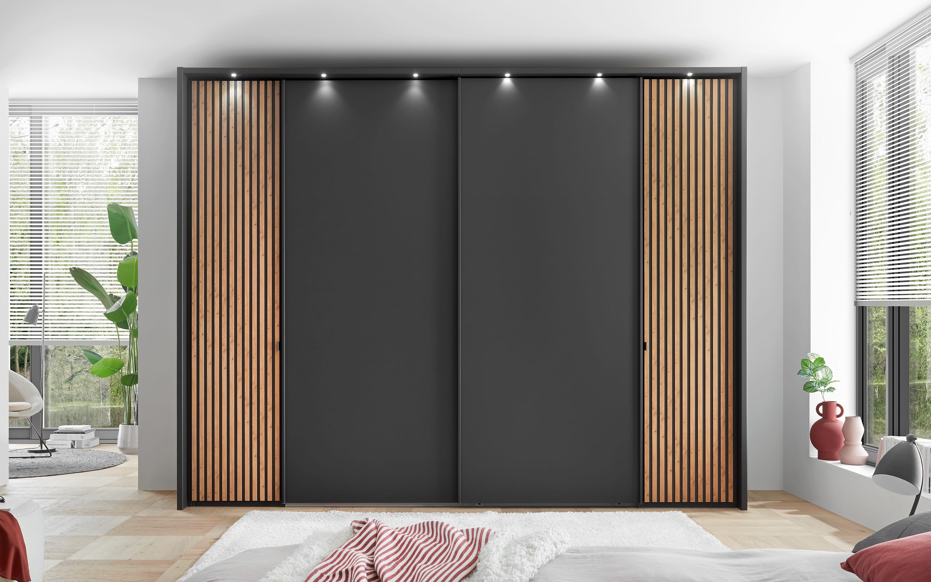 Dreh-/Schwebetürenschrank Clivo 3000, graphit/Bianco-Eiche-Nachbildung, 300 x 216 cm