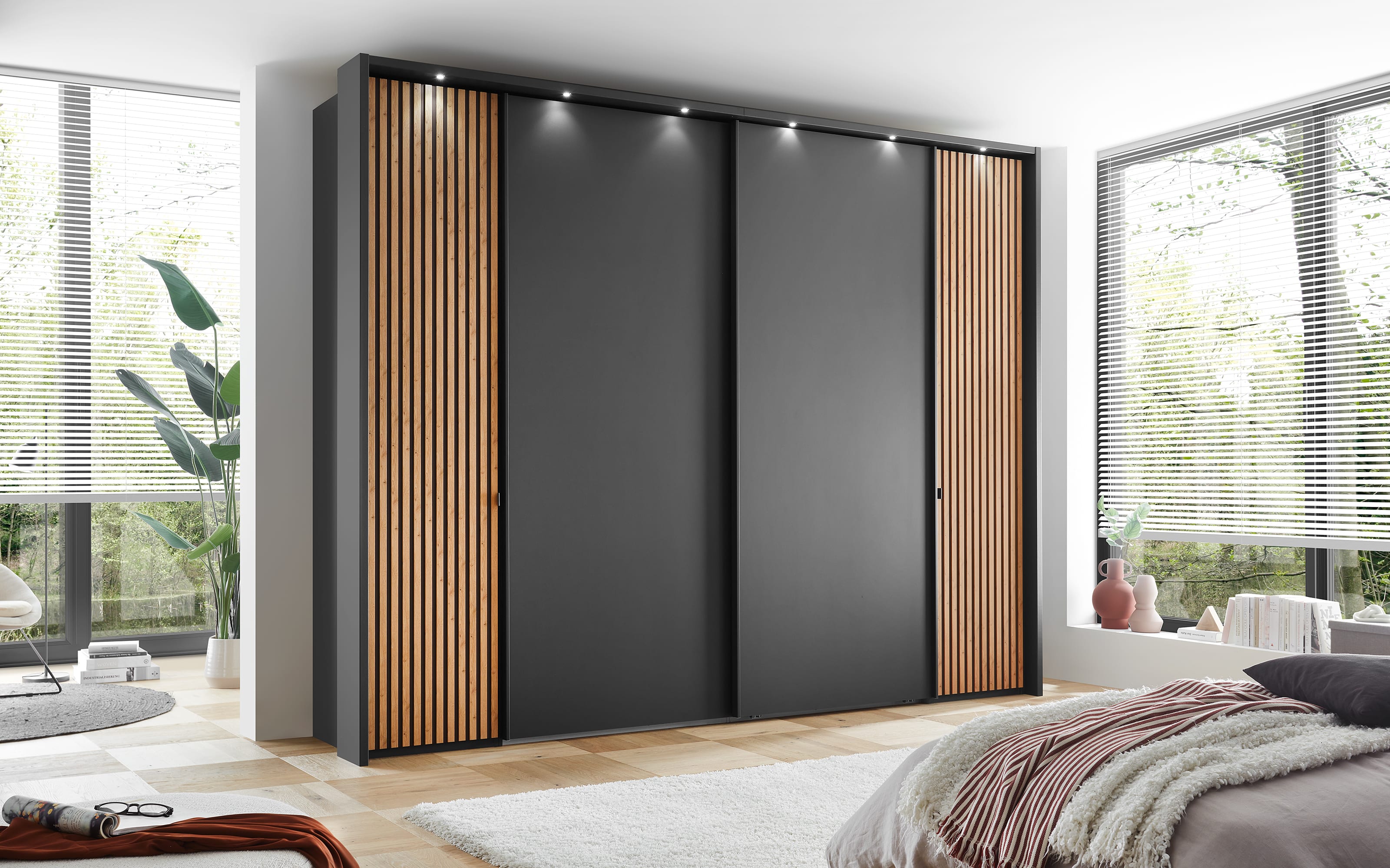 Dreh-/Schwebetürenschrank Clivo 3000, graphit/Bianco-Eiche-Nachbildung, 300 x 216 cm