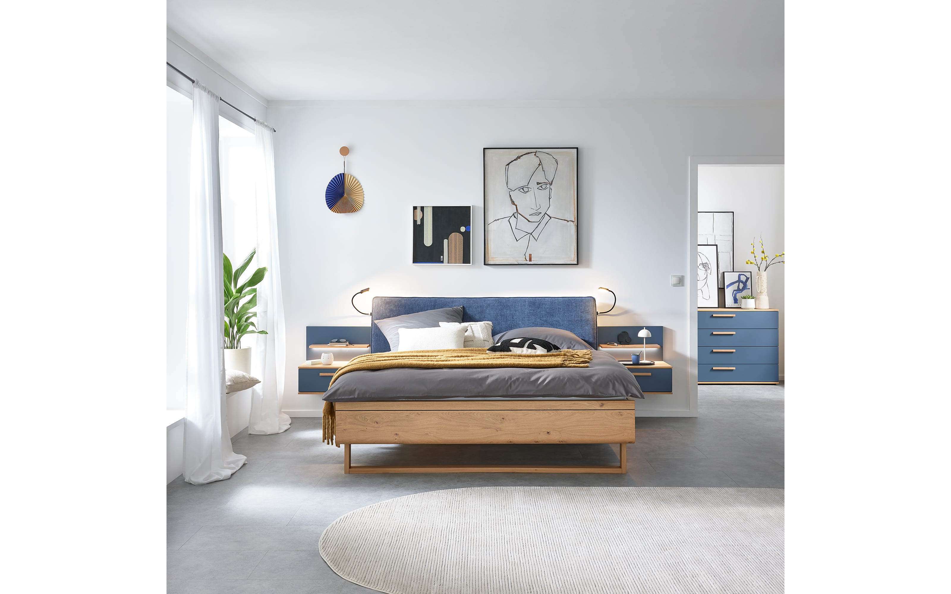 Schlafzimmer Malin, Blau/Balkeneiche, inkl. Nachtkonsolen