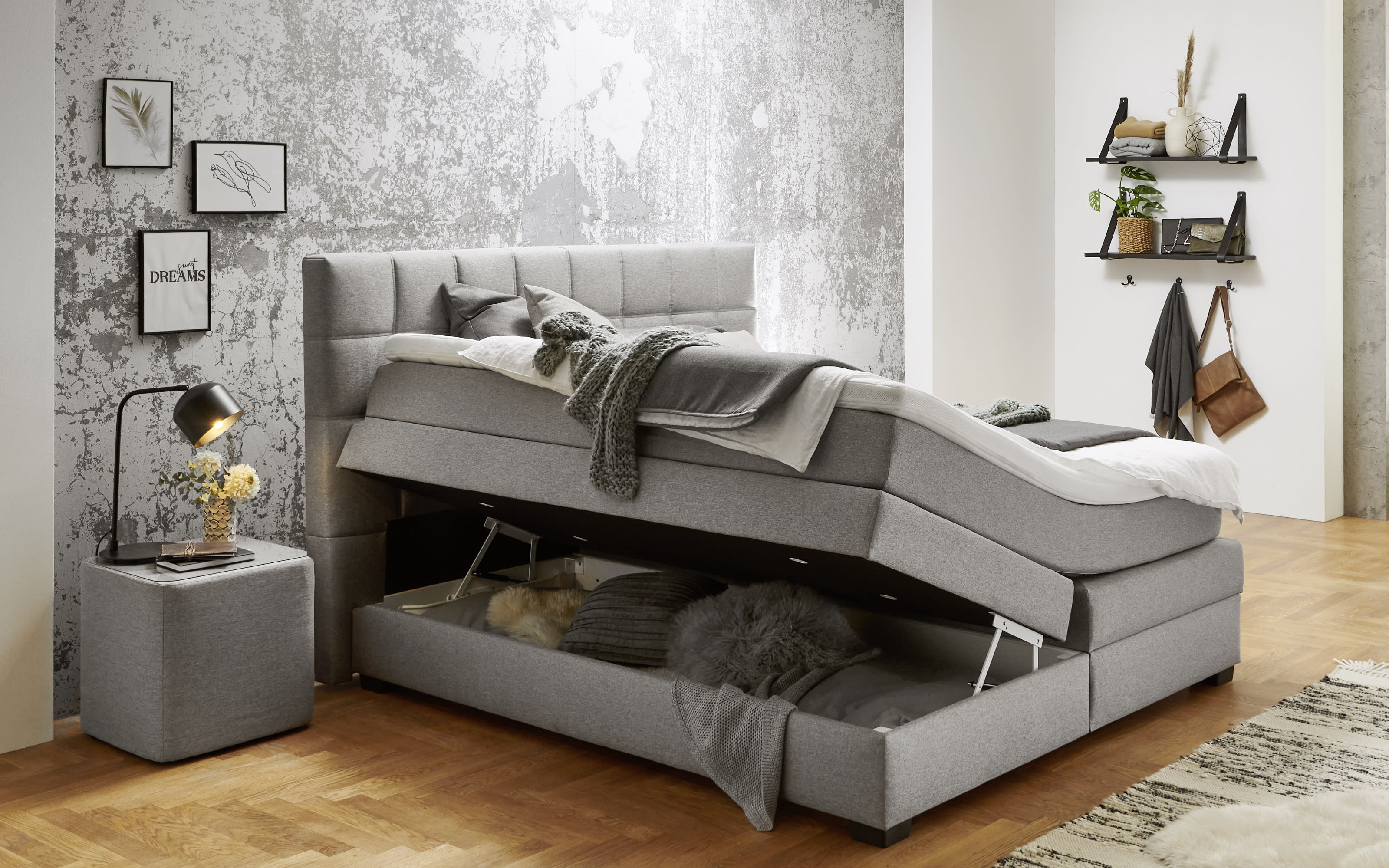 Boxspringbett OC-BX21088, Twist silber, 180 x 200 cm, Härtegrad 2 und 3