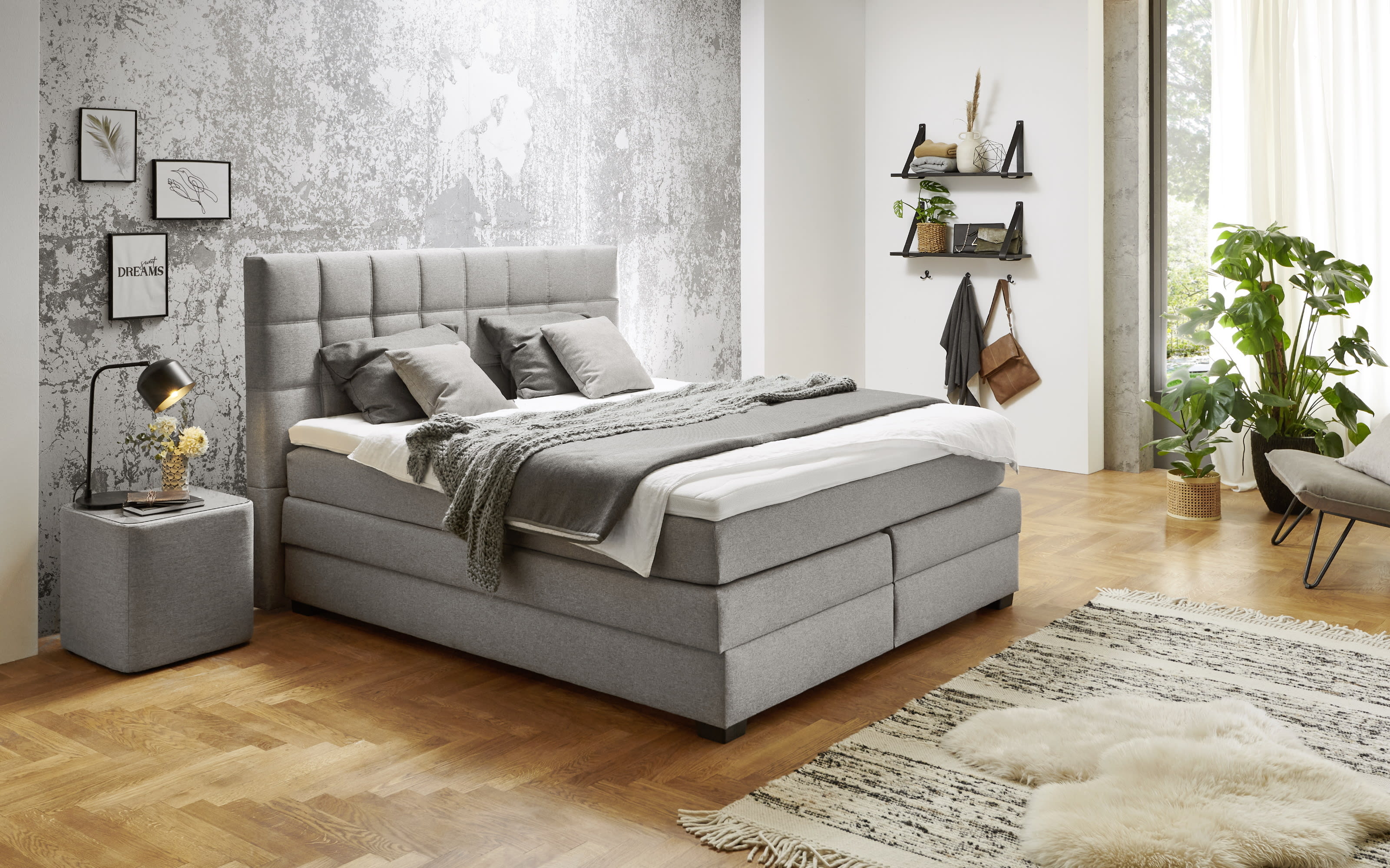 Boxspringbett OC-BX21088, Twist silber, 180 x 200 cm, Härtegrad 2 und 3