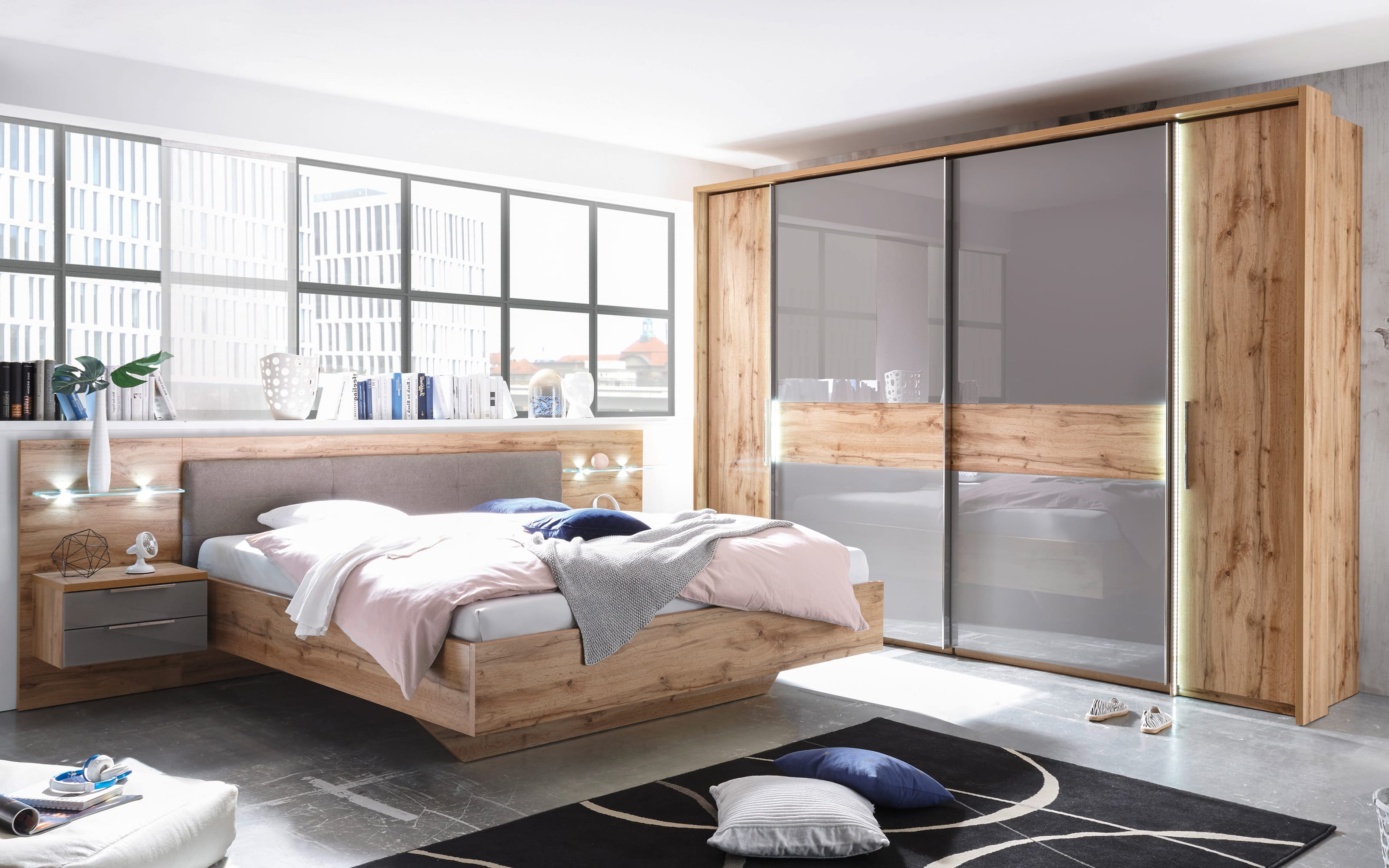 Schlafzimmer Milano in Wildeiche-Nachbildung/Basaltgrau, inklusive Beleuchtung, Schrankbreite ca. 312 cm, Liegefläche 180 x 200 cm
