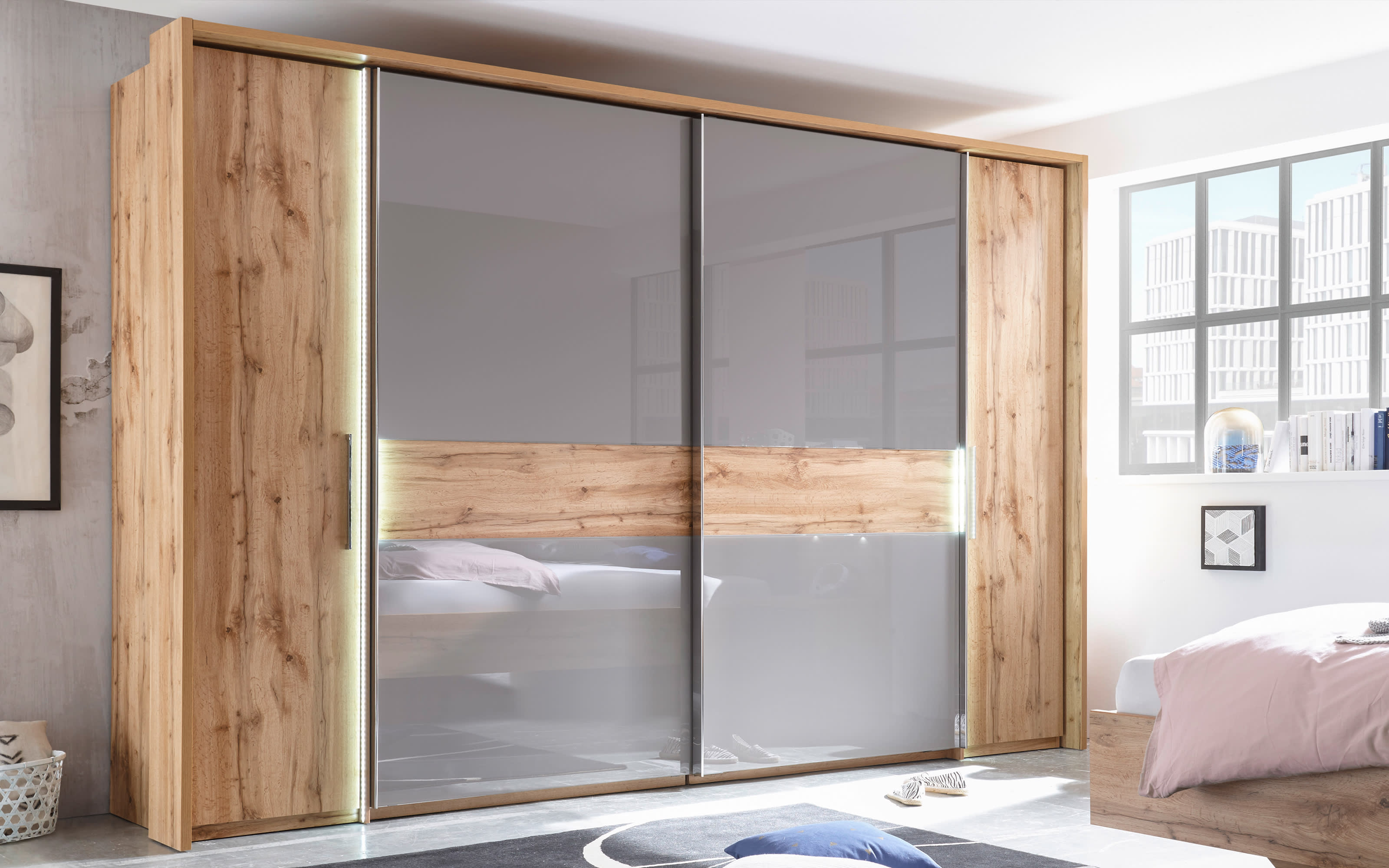 Schlafzimmer Milano in Wildeiche-Nachbildung/Basaltgrau, inklusive Beleuchtung, Schrankbreite ca. 312 cm, Liegefläche 180 x 200 cm