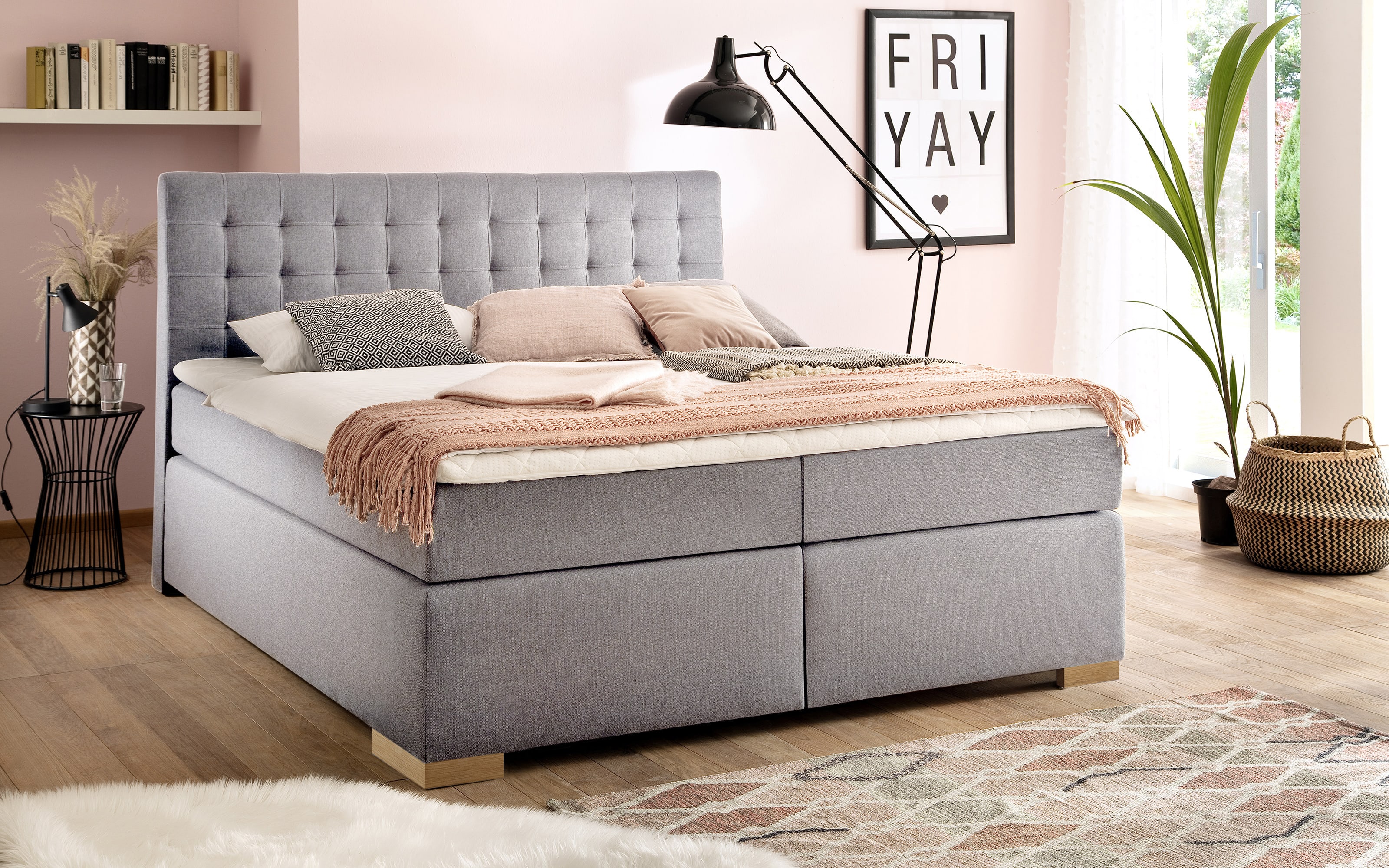 Boxspringbett Lenno in grau mit verdecktem Bettkasten