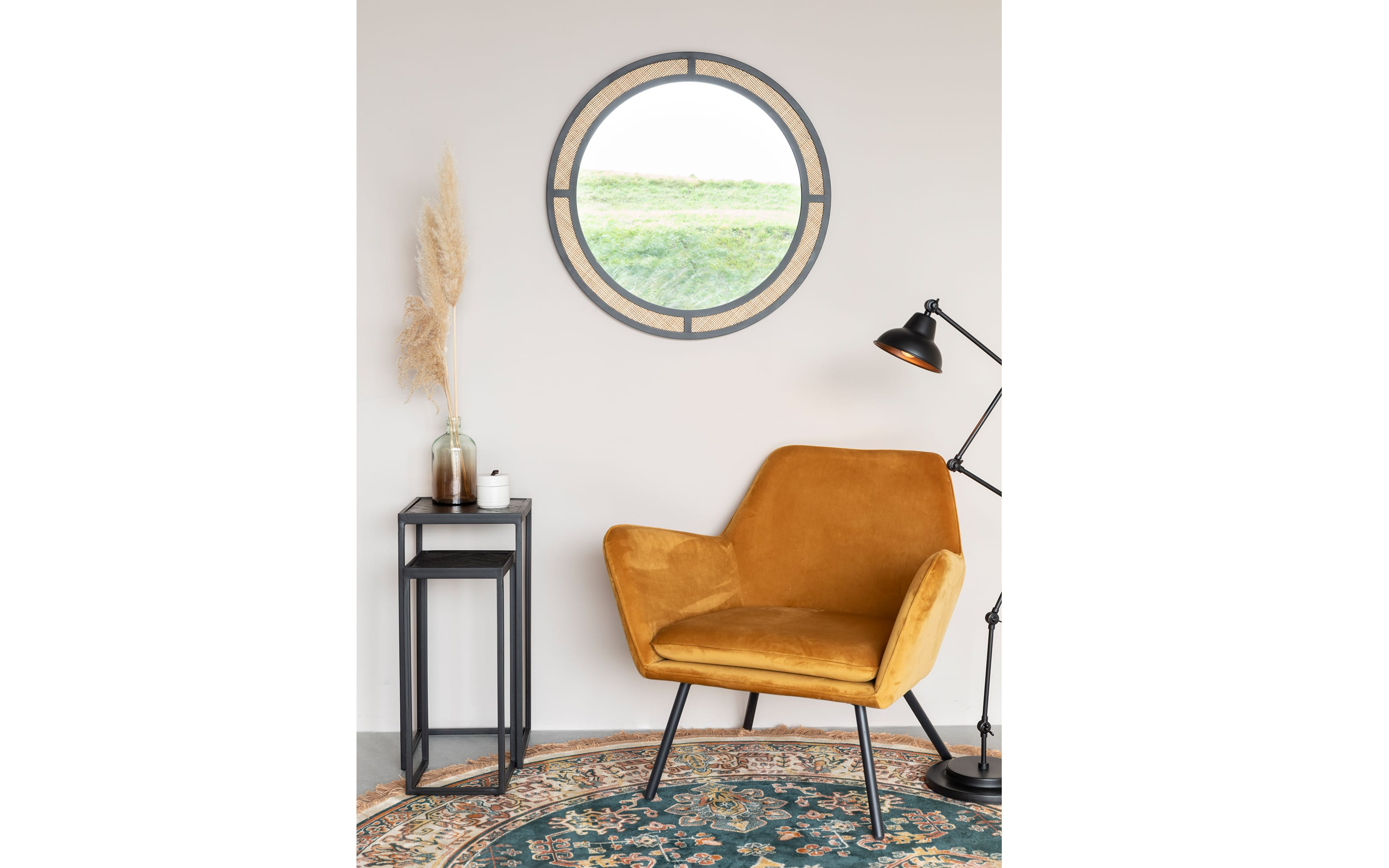 Spiegel Aida Round, schwarz/Rattan, 76 cm