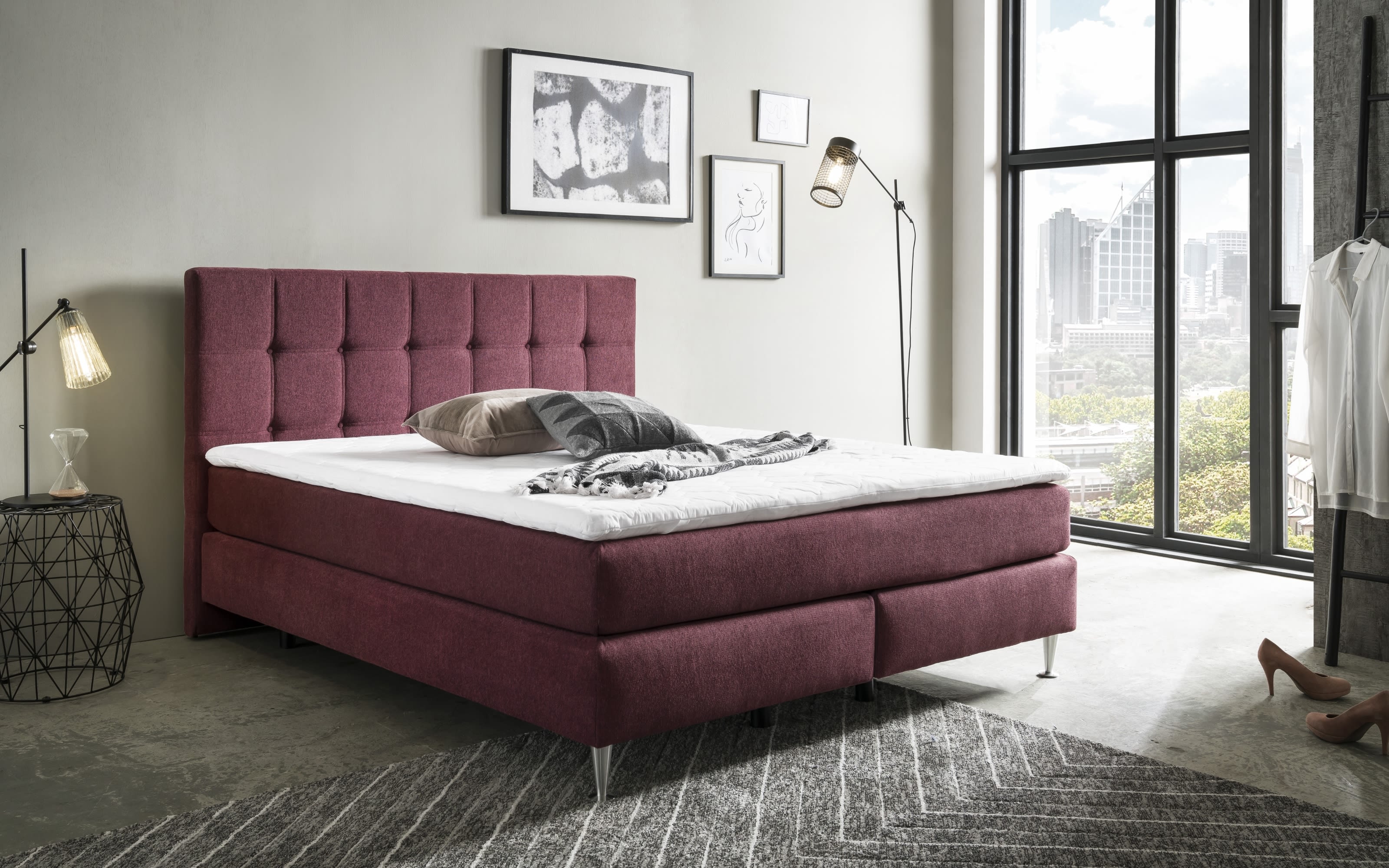 Boxspringbett Barell, merlot, 180 x 200 cm, Härtegrad 3 und 4